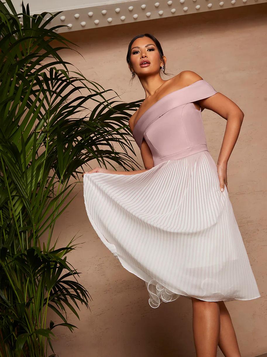 Bardot Ombre Pleated Midi Dress in Pink