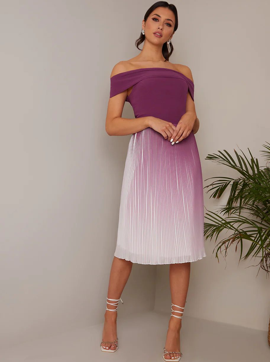 Bardot Ombre Pleated Midi Dress in Purple