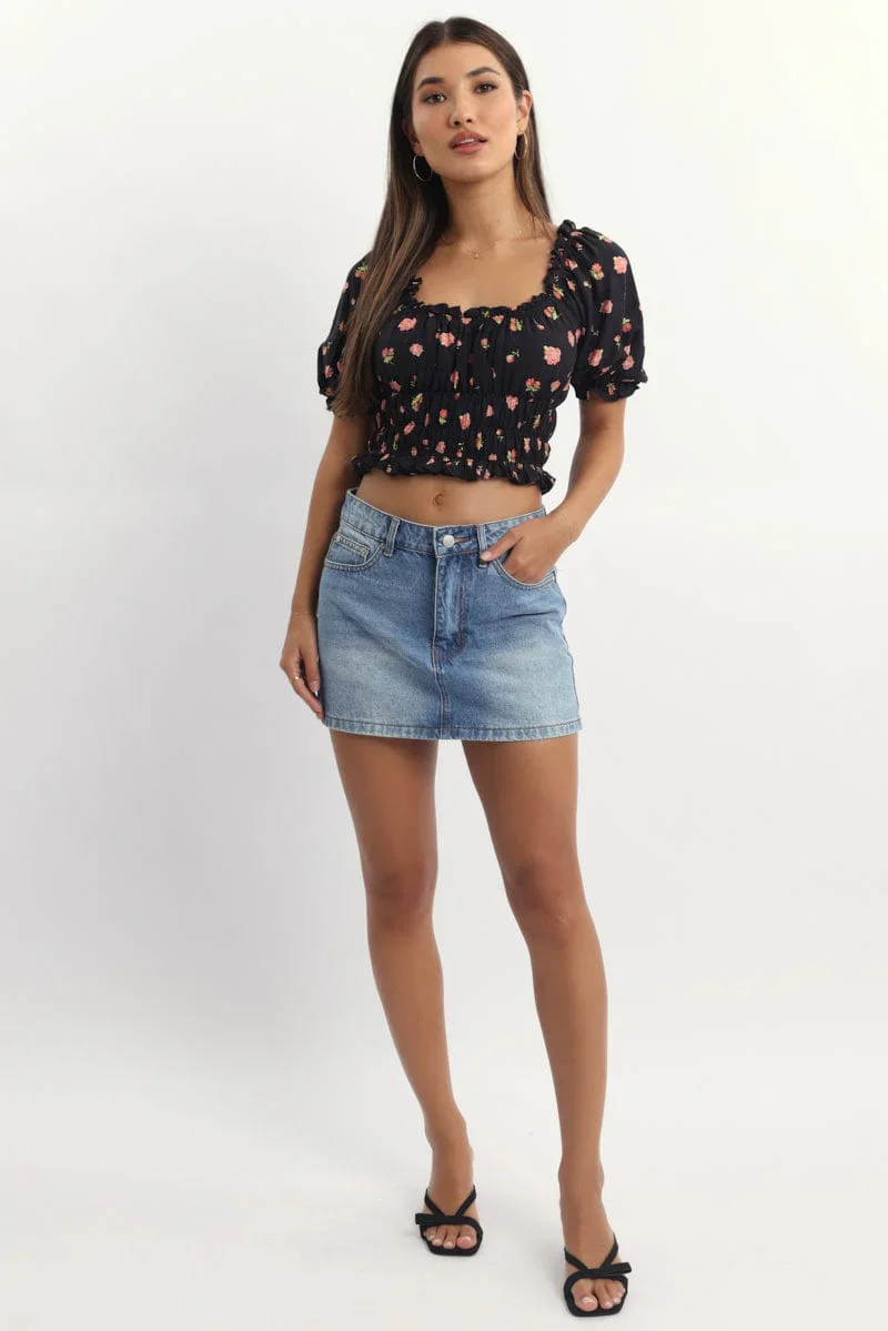 Black Ditsy Shirred Top Short Sleeve Square Neck Frill Details