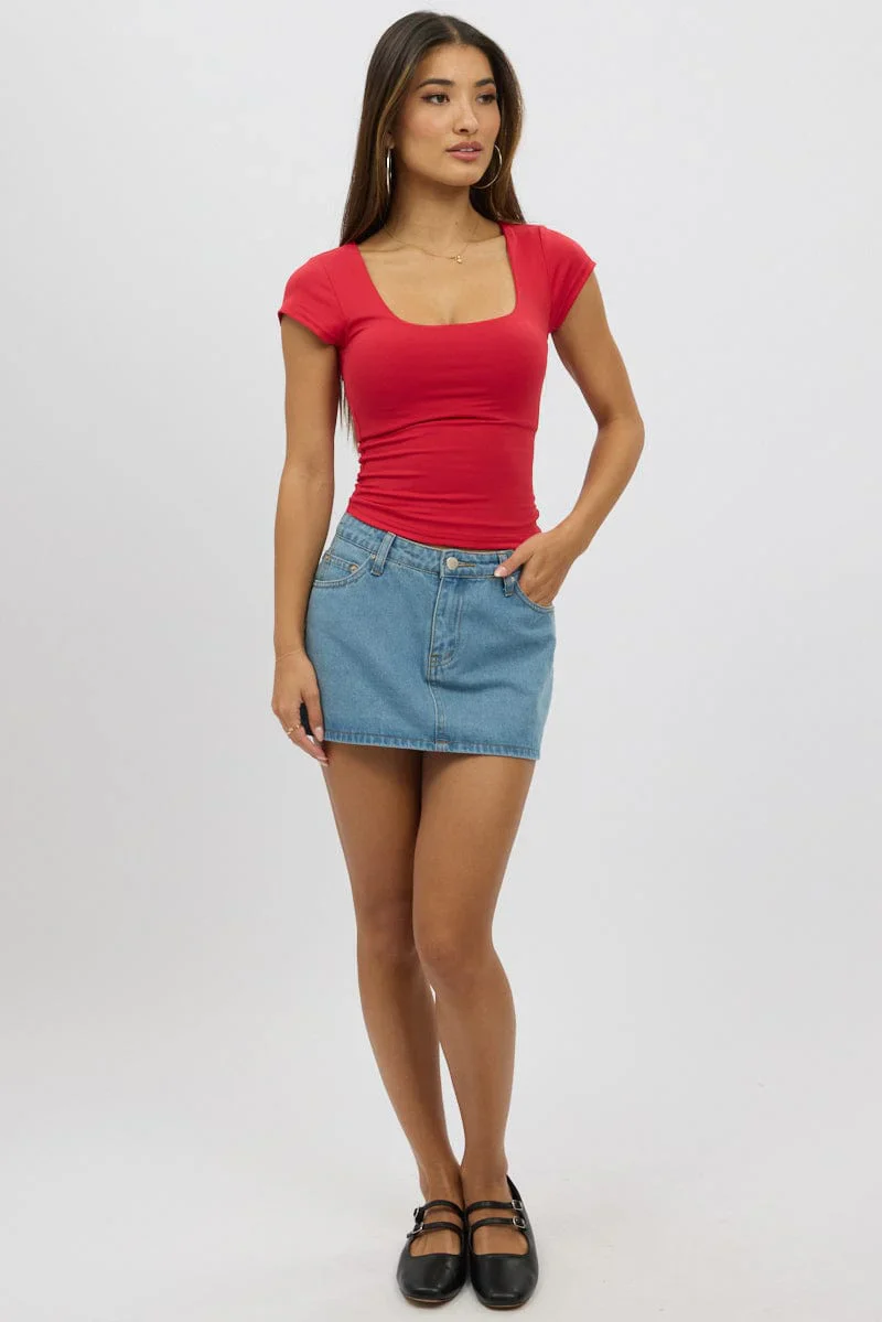 Red Supersoft Square Neck Cap Sleeve Top Double Layer