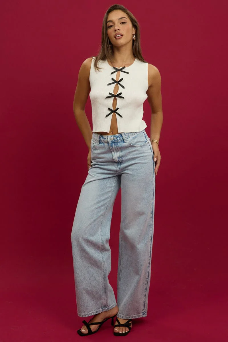 White Knit Top Sleeveless Front Ribbon