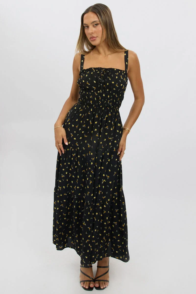 Black Ditsy Maxi Dress Strappy Tiered