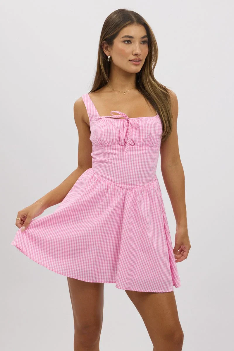 Pink Check Fit And Flare Dress Mini