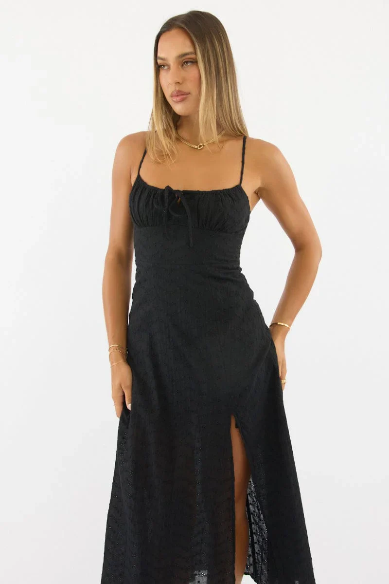 Black Midi Dress Gathered Bust Eyelet Fabric