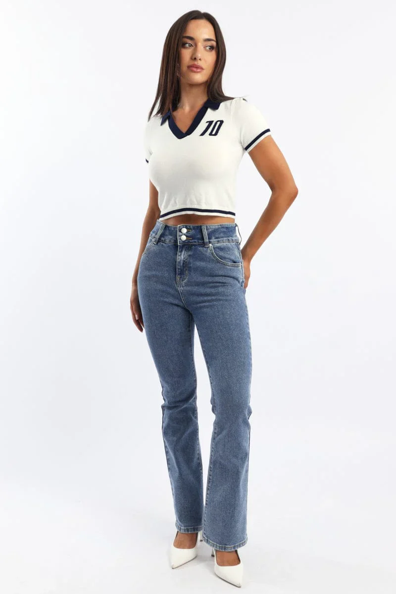 White Knit Top Short Sleeve Collared