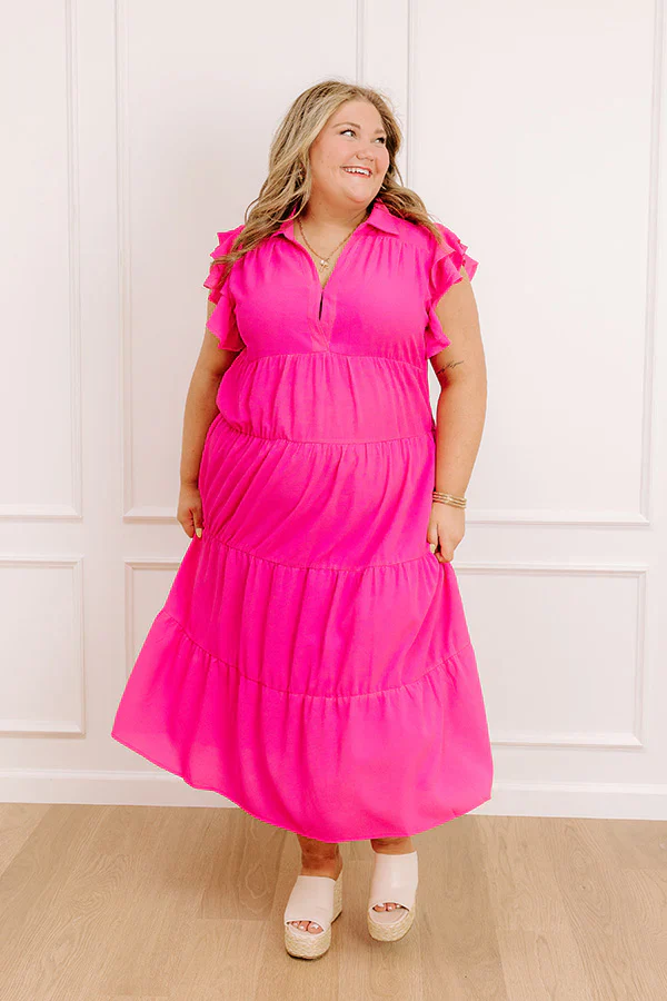 Sunny Spritzer Tiered Midi Dress in Hot Pink Curves