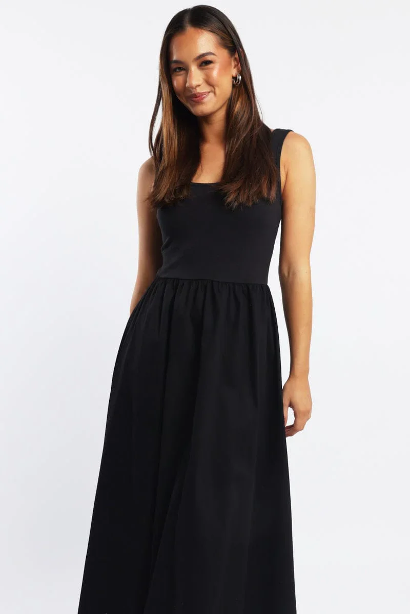 Black Midi Dress Ribbed Bodice