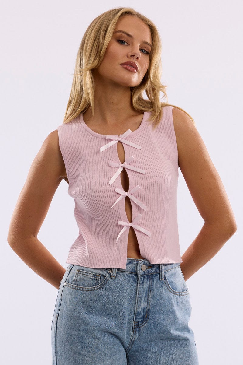 Pink Knit Top Sleeveless Front Ribbon