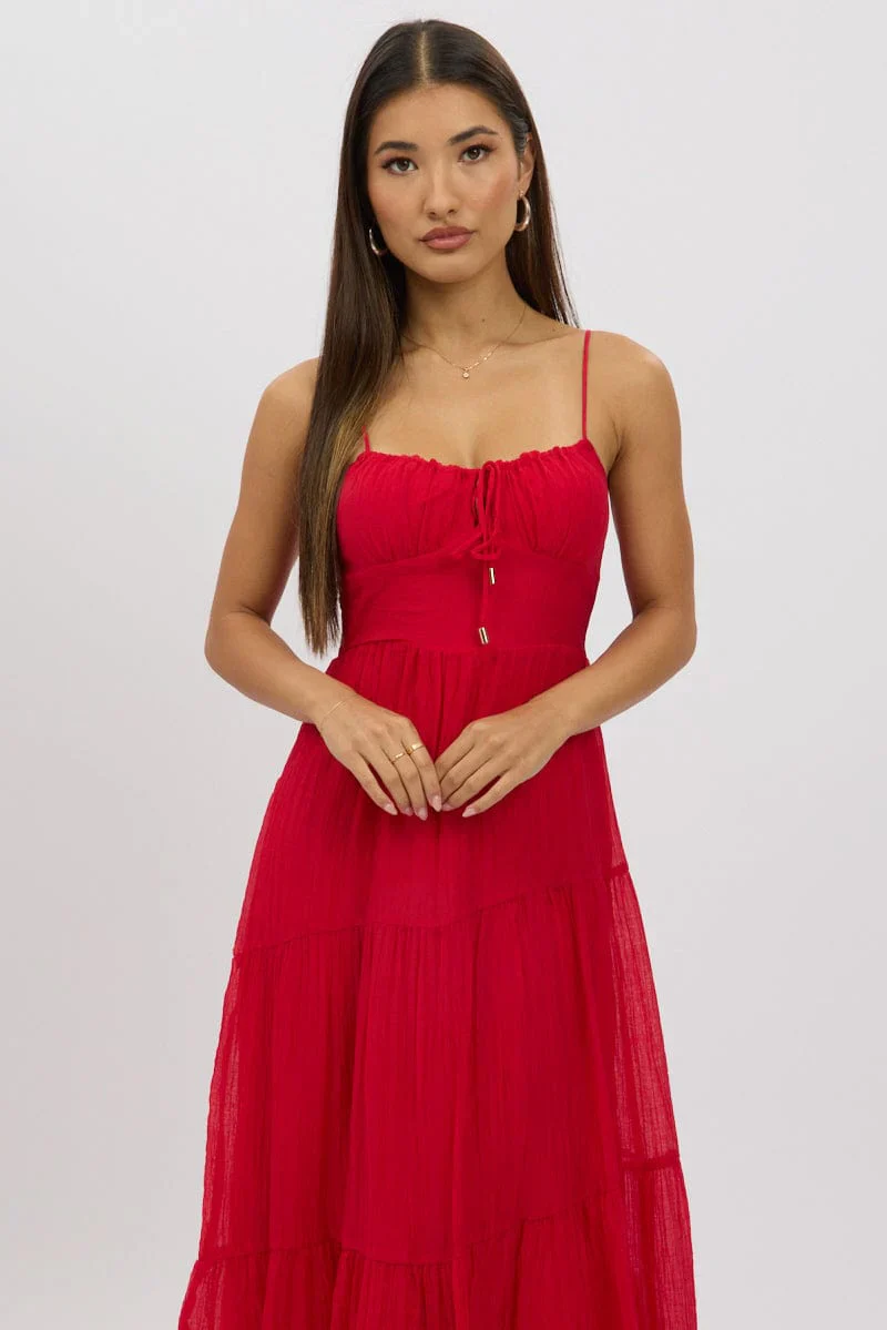 Red Midi Dress Tiered Strappy