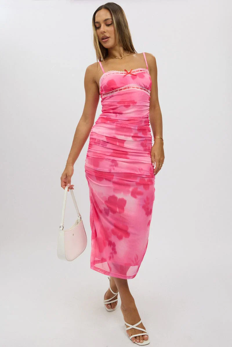 Pink Floral Bodycon Dress Singlet Mesh Midi