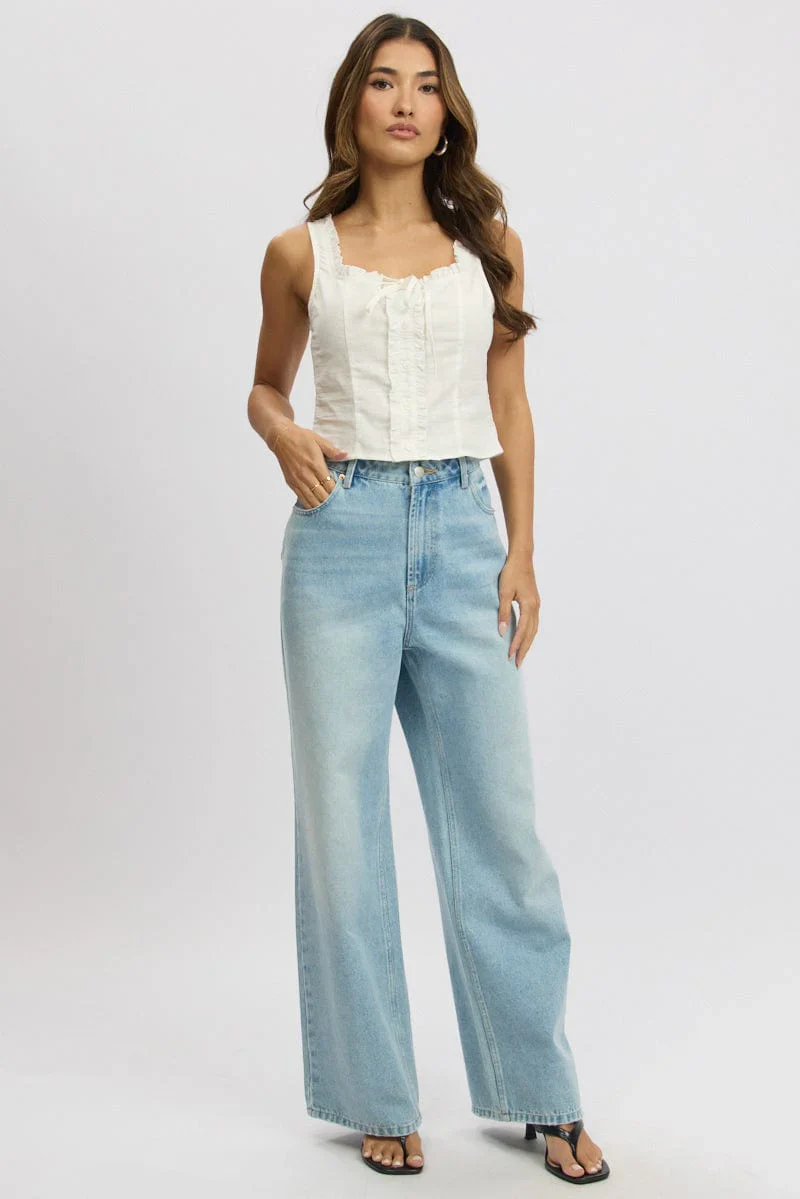 Denim Wide Leg Jeans Mid Rise