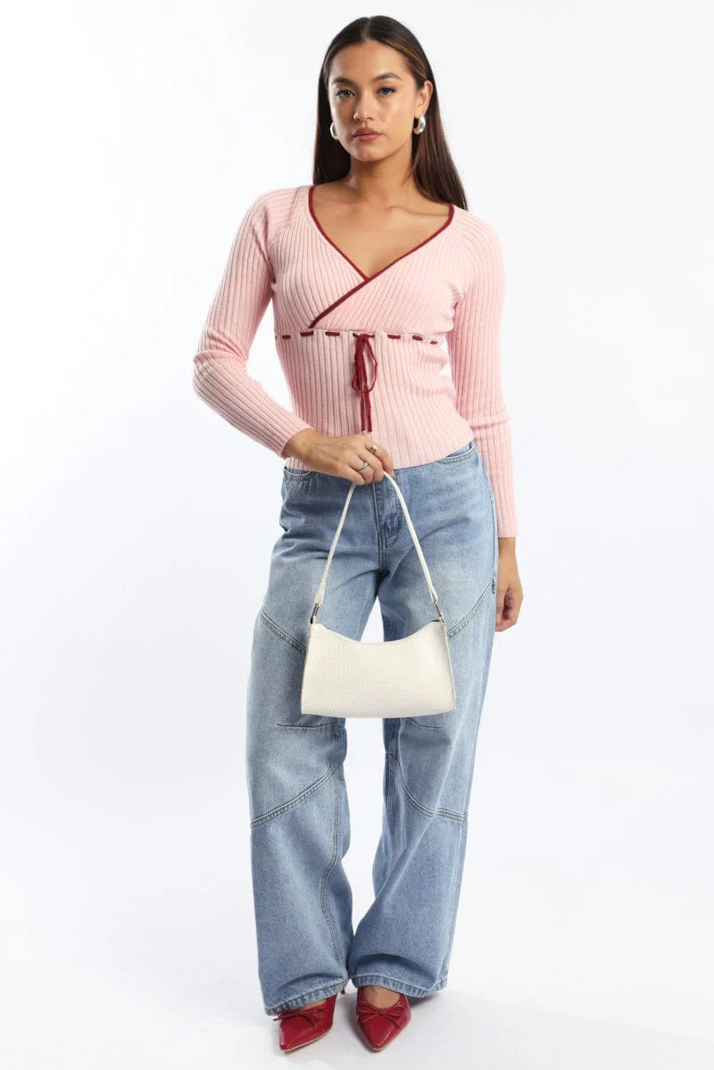 Pink Knit Top Long Sleeve Wrap Front Contrast Ribbon