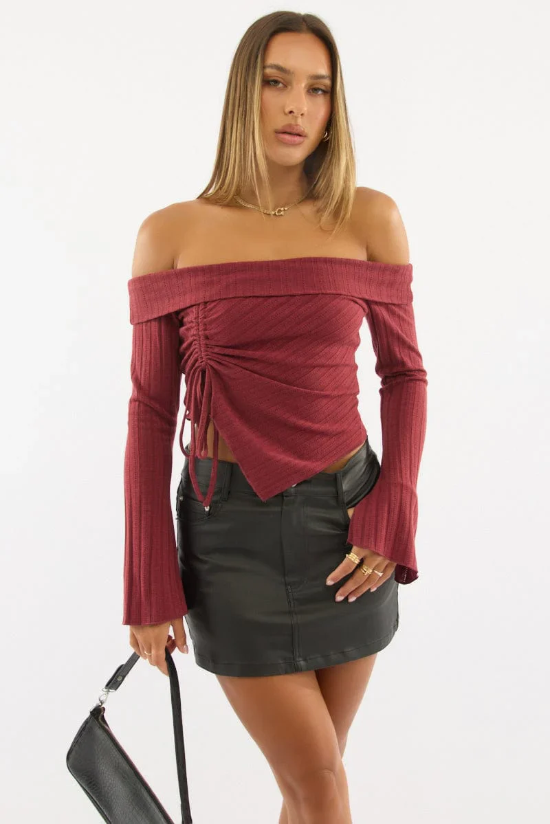 Red Off Shoulder Top Long Sleeve Ruched