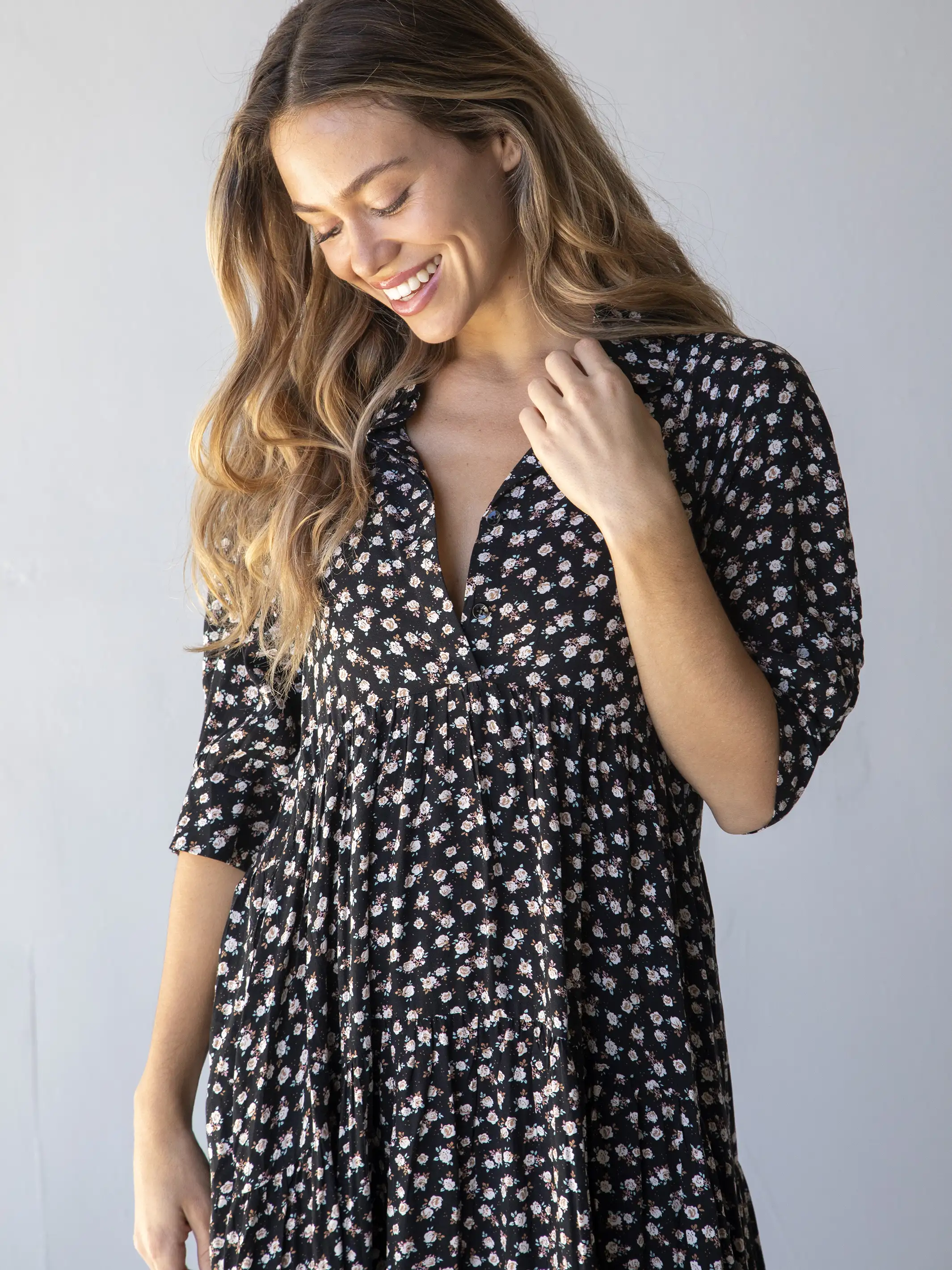 Rebecca Midi Dress - Black Cream Roses