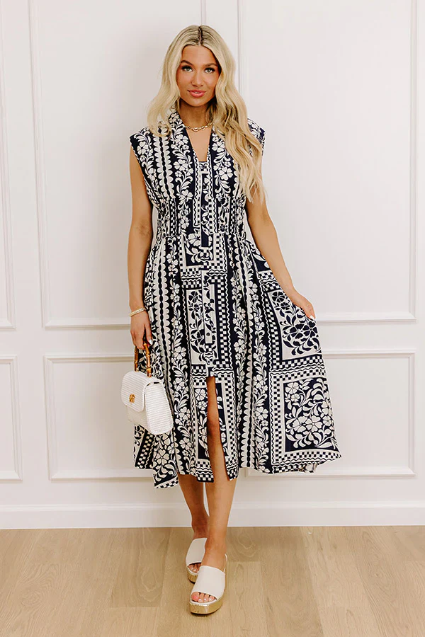 Hawaii Holiday Floral Midi Dress in Navy