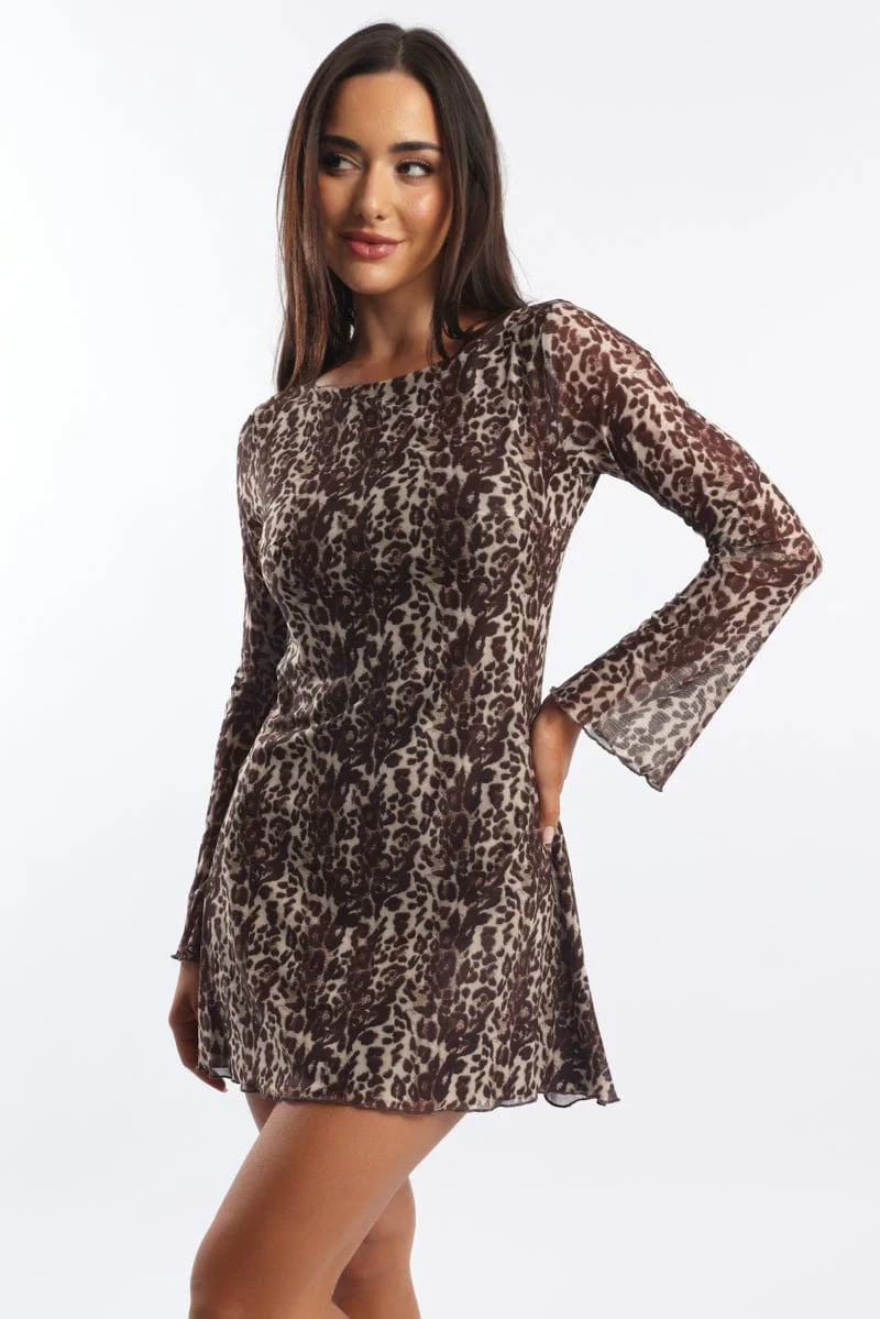 Brown Animal Print Mini Dress Long Sleeve