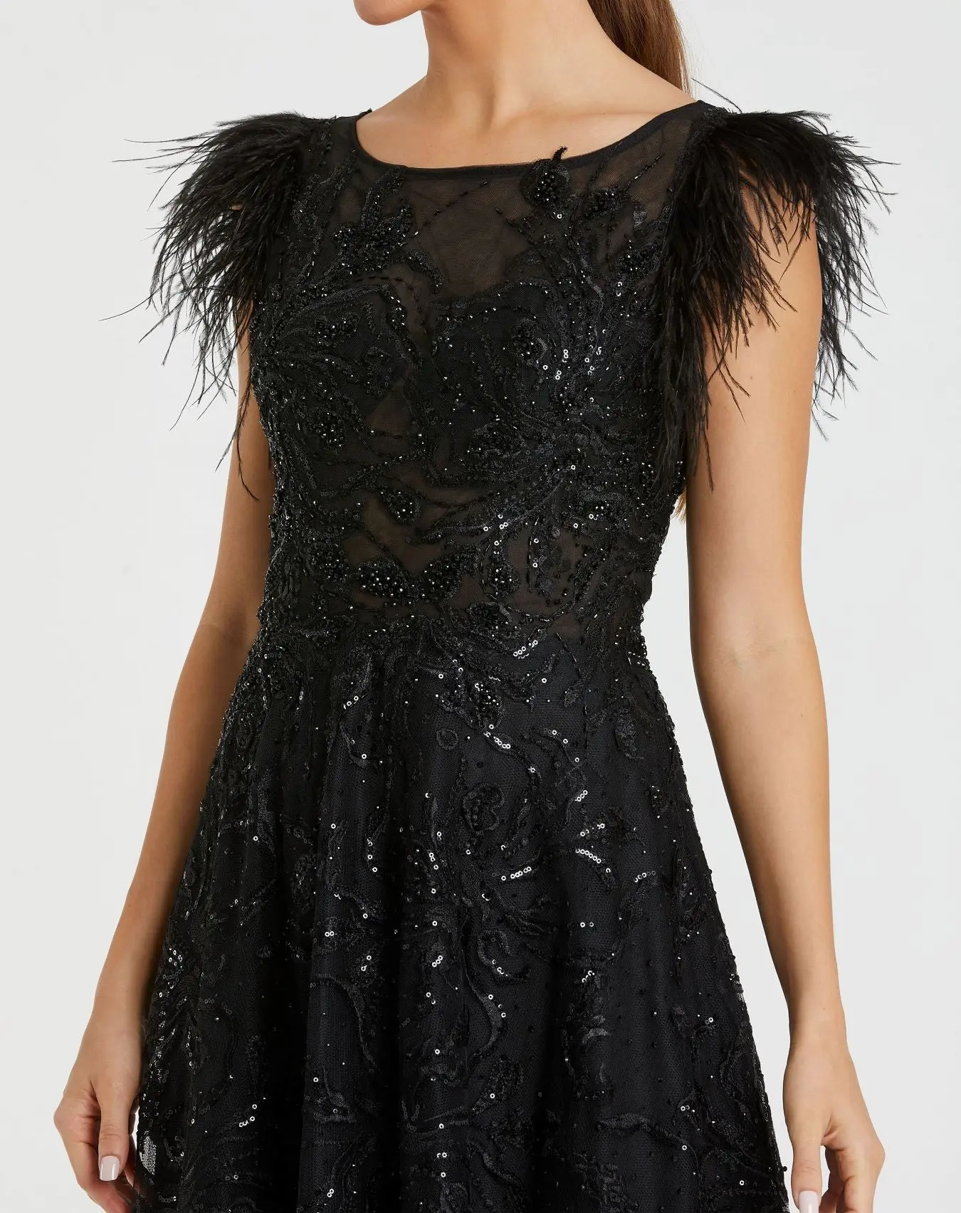 Feather Cap Sleeve Bateau A Line Gown