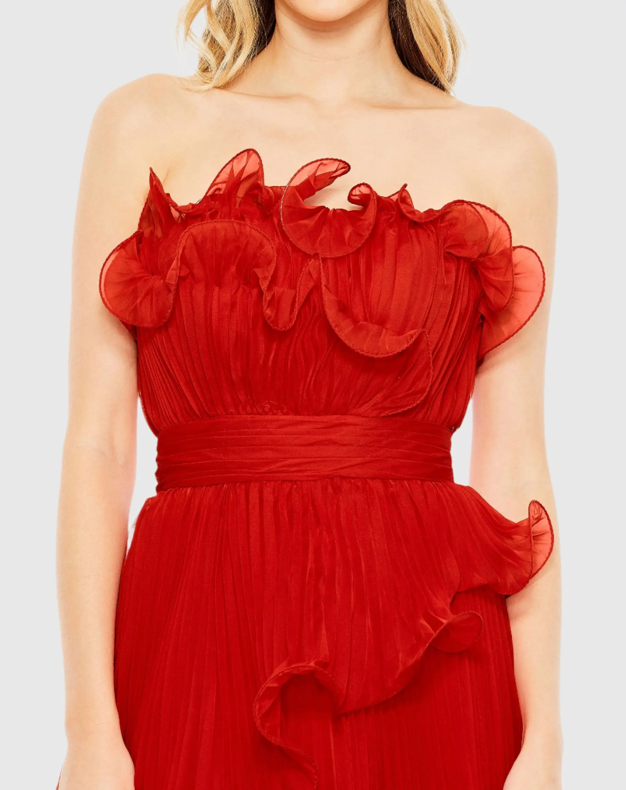 Red Pleated Tiered Ruffled Strapless Gown
