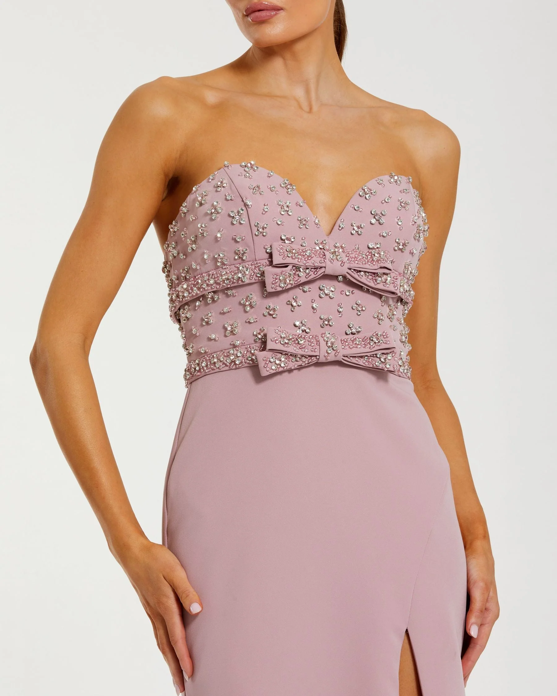Pink Strapless Rhinestone Bodice Crepe Gown
