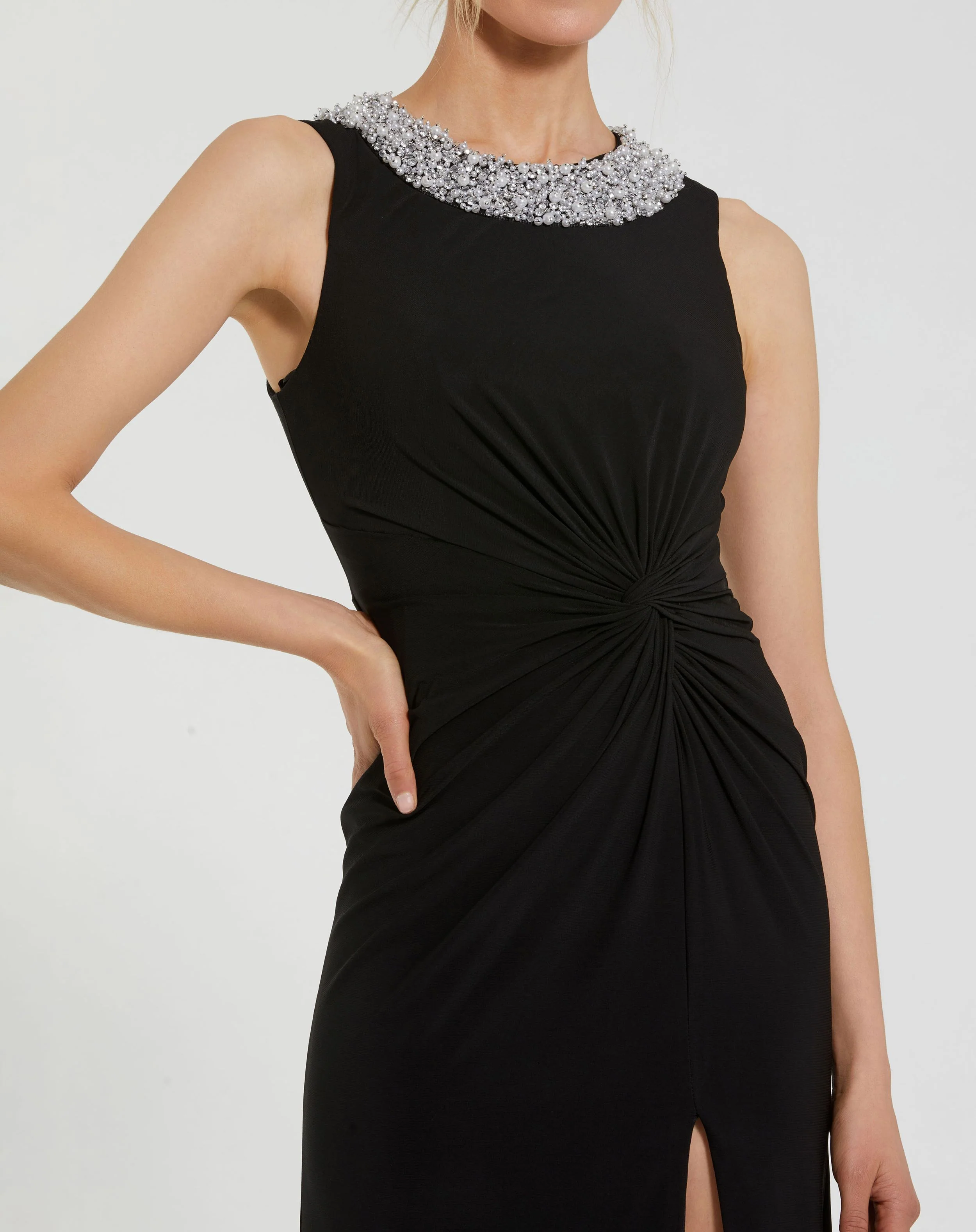 Black Beaded Neck Gown With Twist