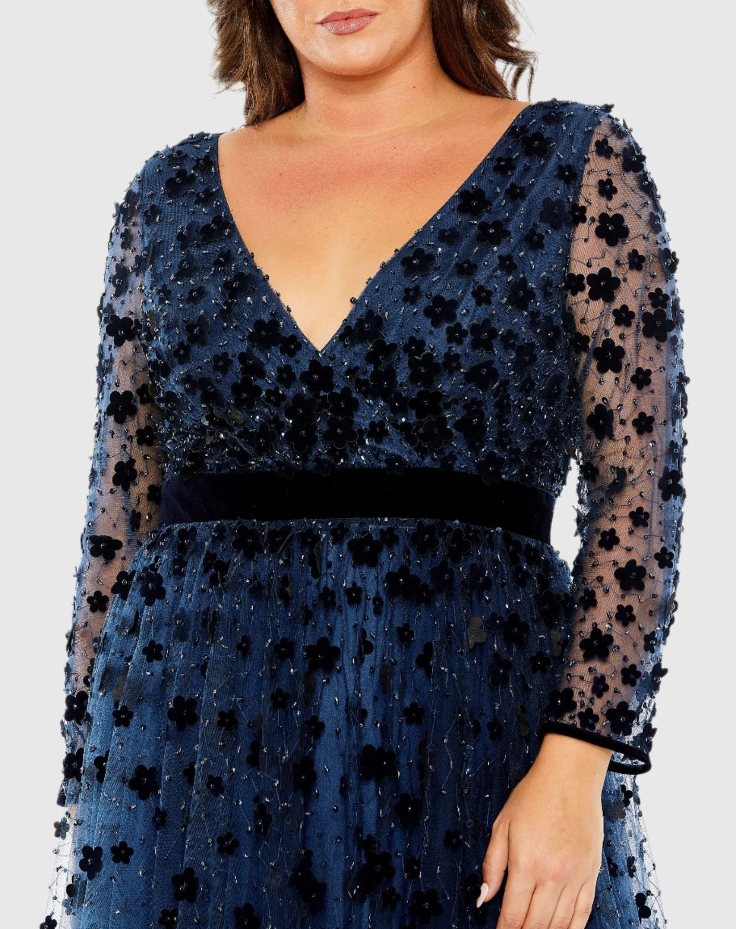 Blue Floral Patch Long Sleeve A Line Dress