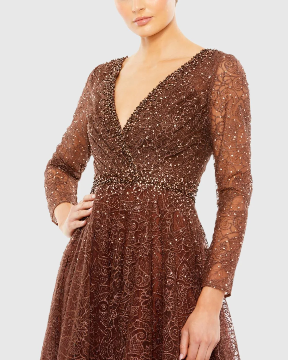 Stunning Embellished Long Sleeve V Neck Gown