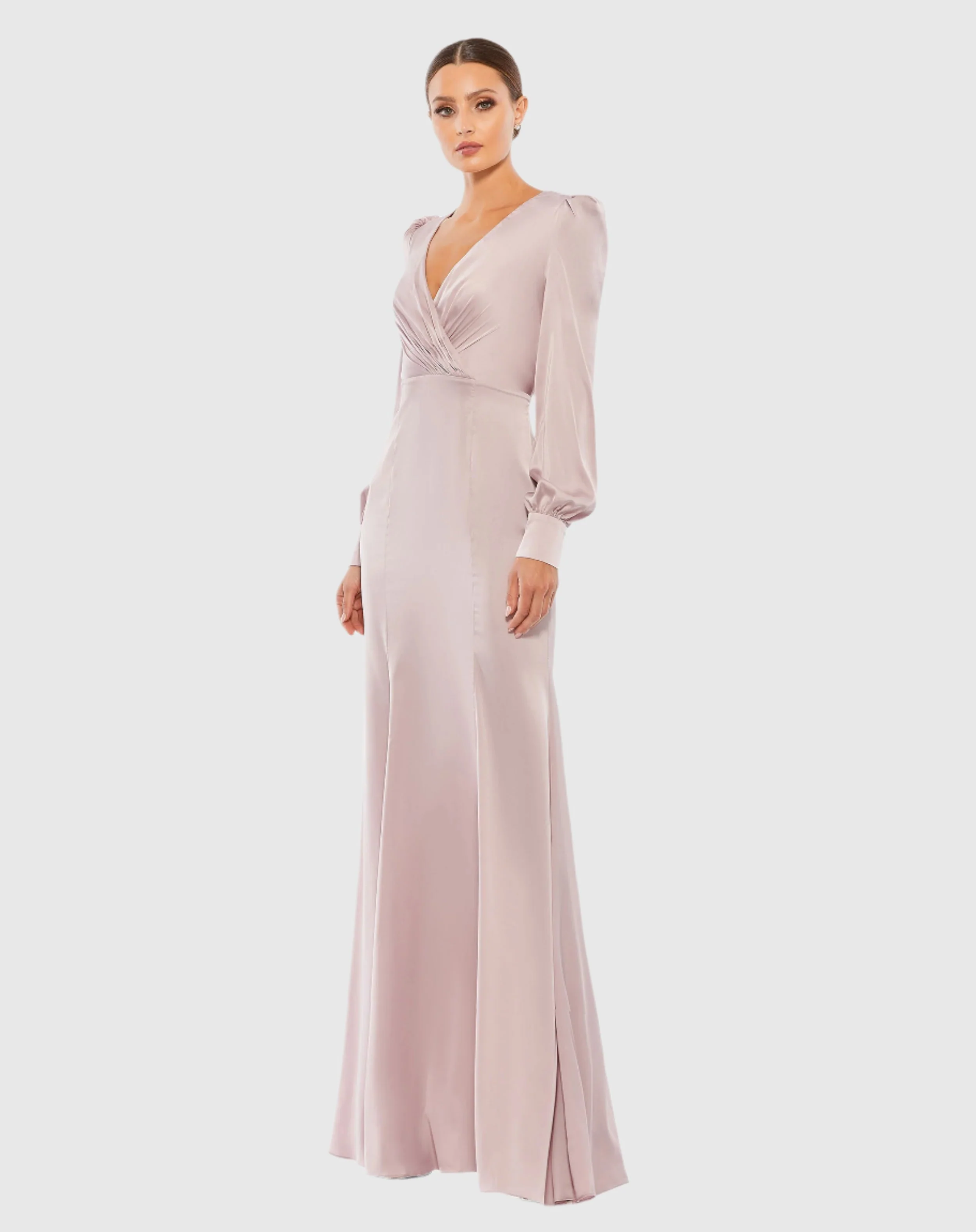 Pink Satin Ruched Bishop Sleeve Gown
