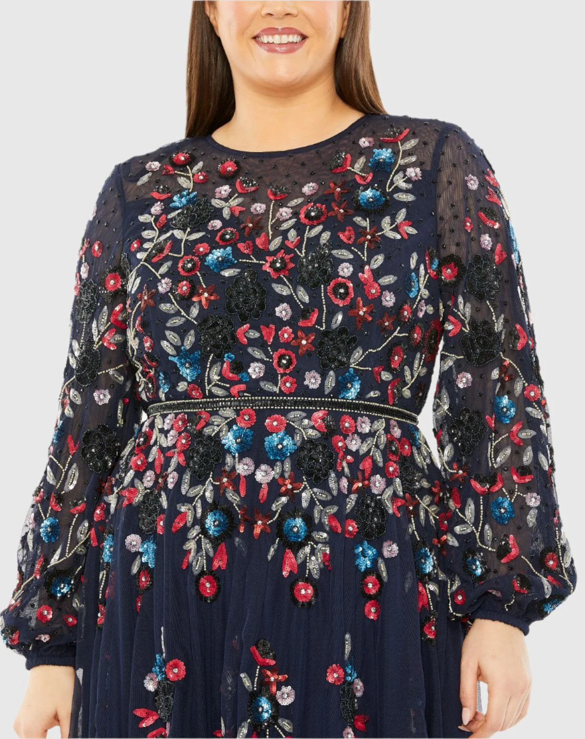 Blue Long Sleeve Beaded Evening Gown