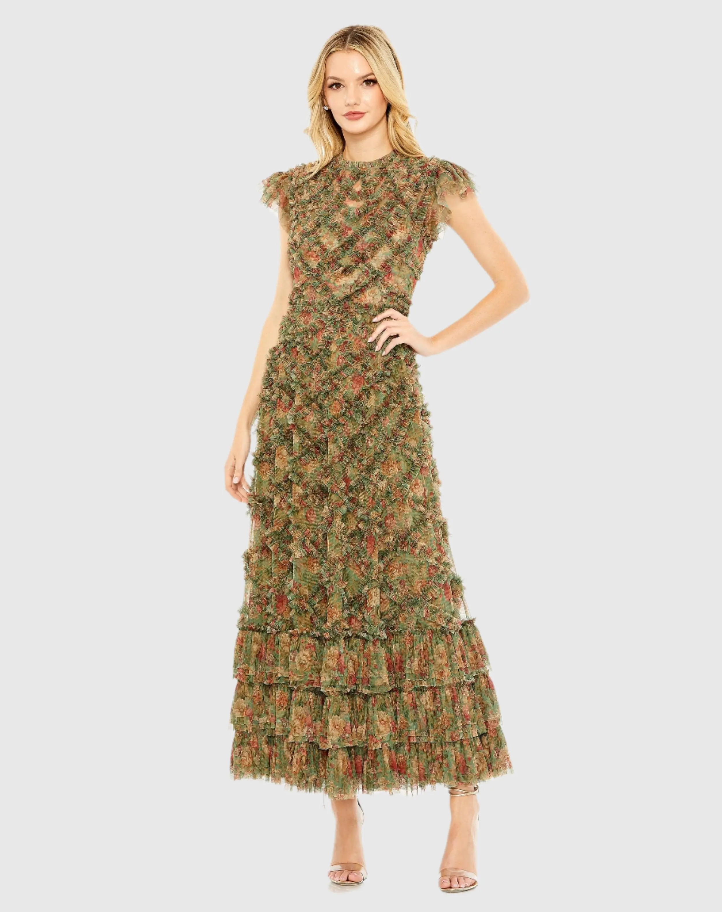 High Neck Ruffle Cap Sleeve Dress