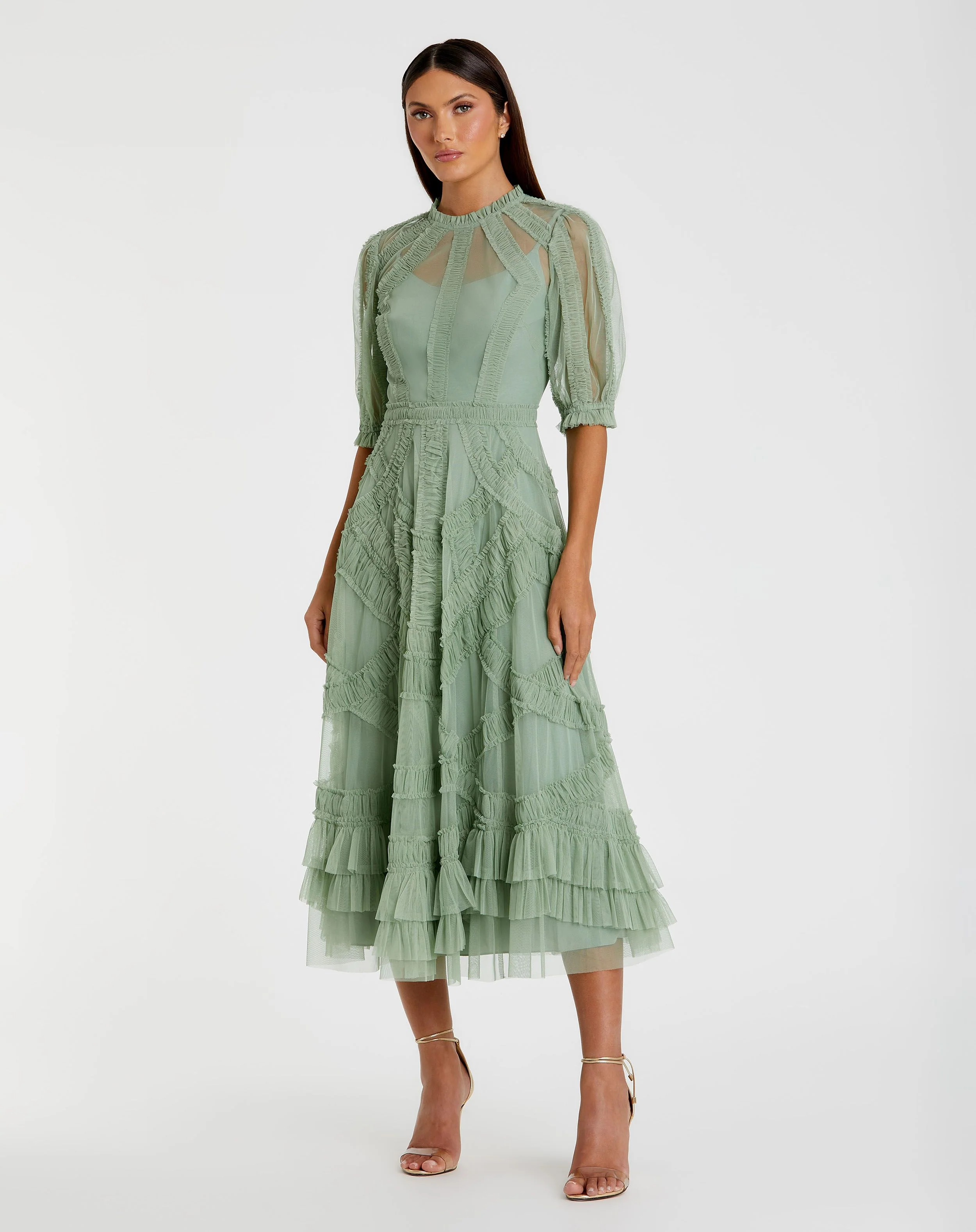 High Neck Ruffle Tiered Midi Dress