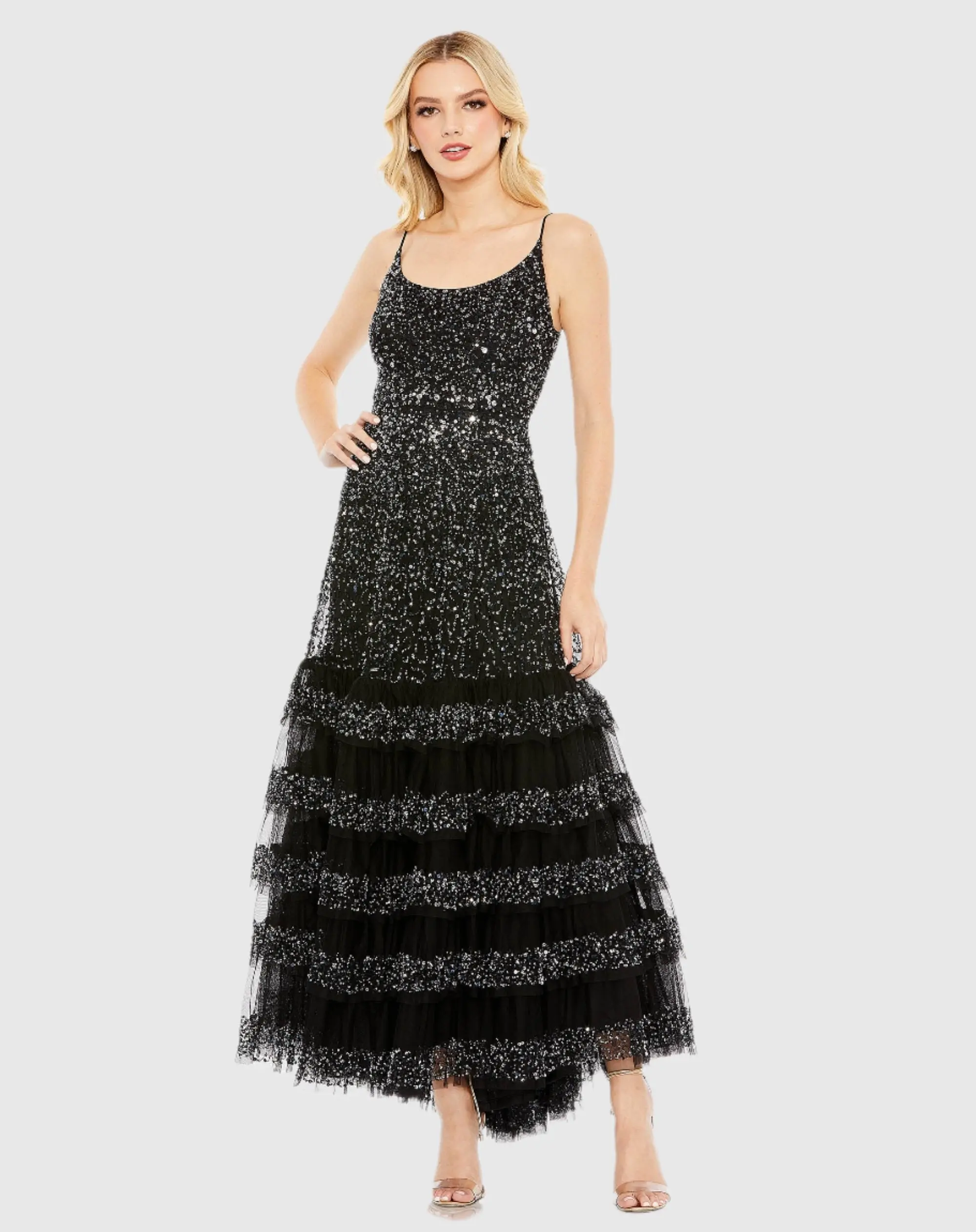 Embellished Scoop Neck Tiered Gown