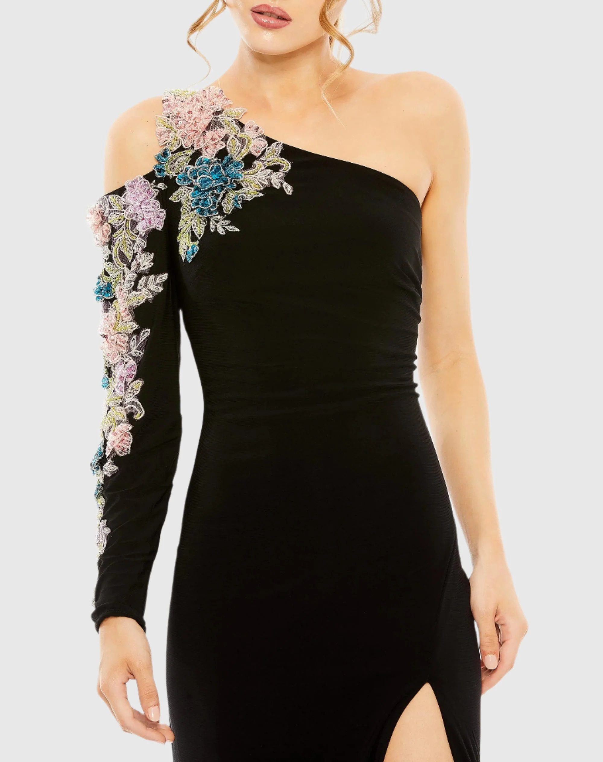 Black Long Sleeve Floral Embellished Gown