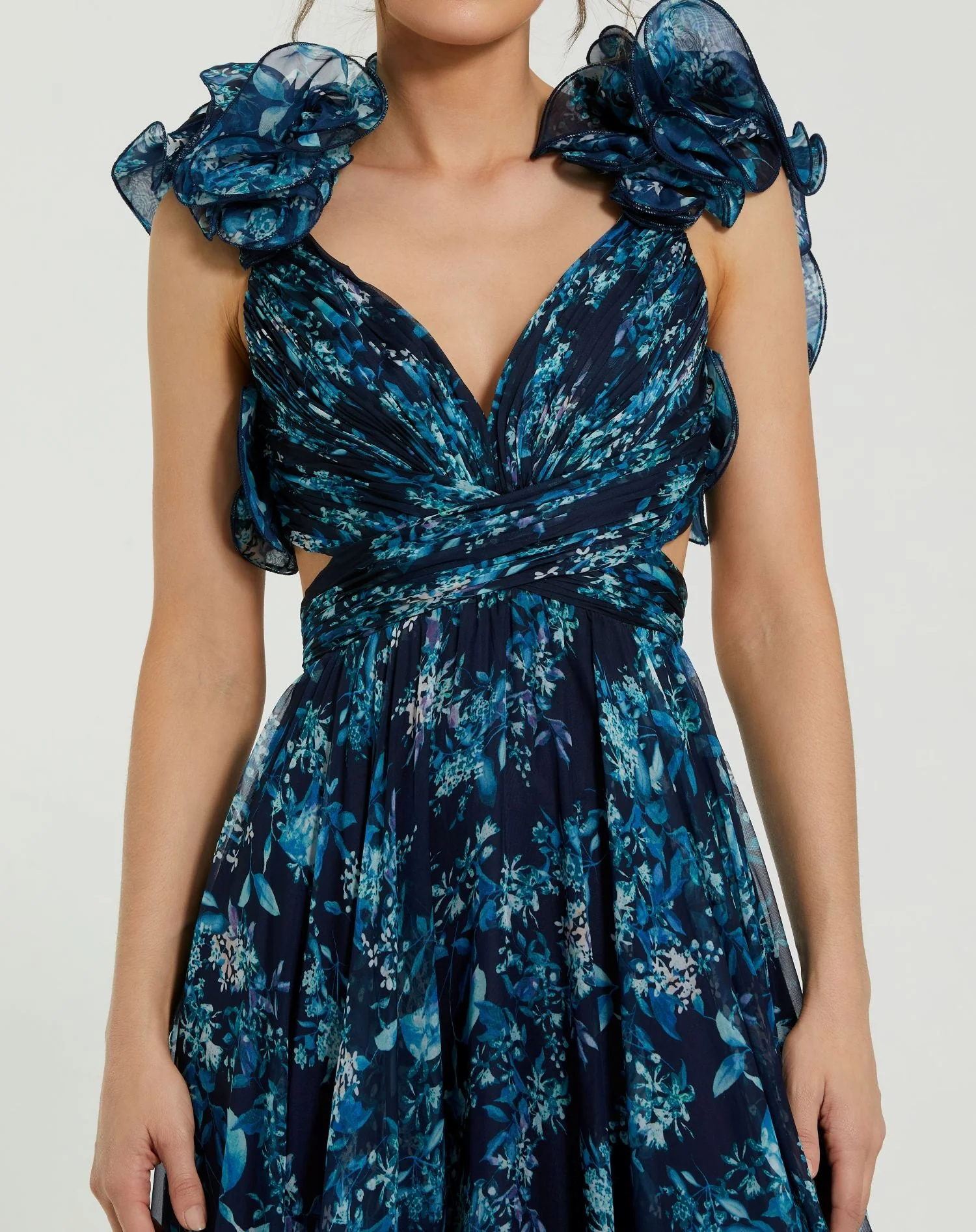 Navy Tiered Floral Cut Out Chiffon Gown