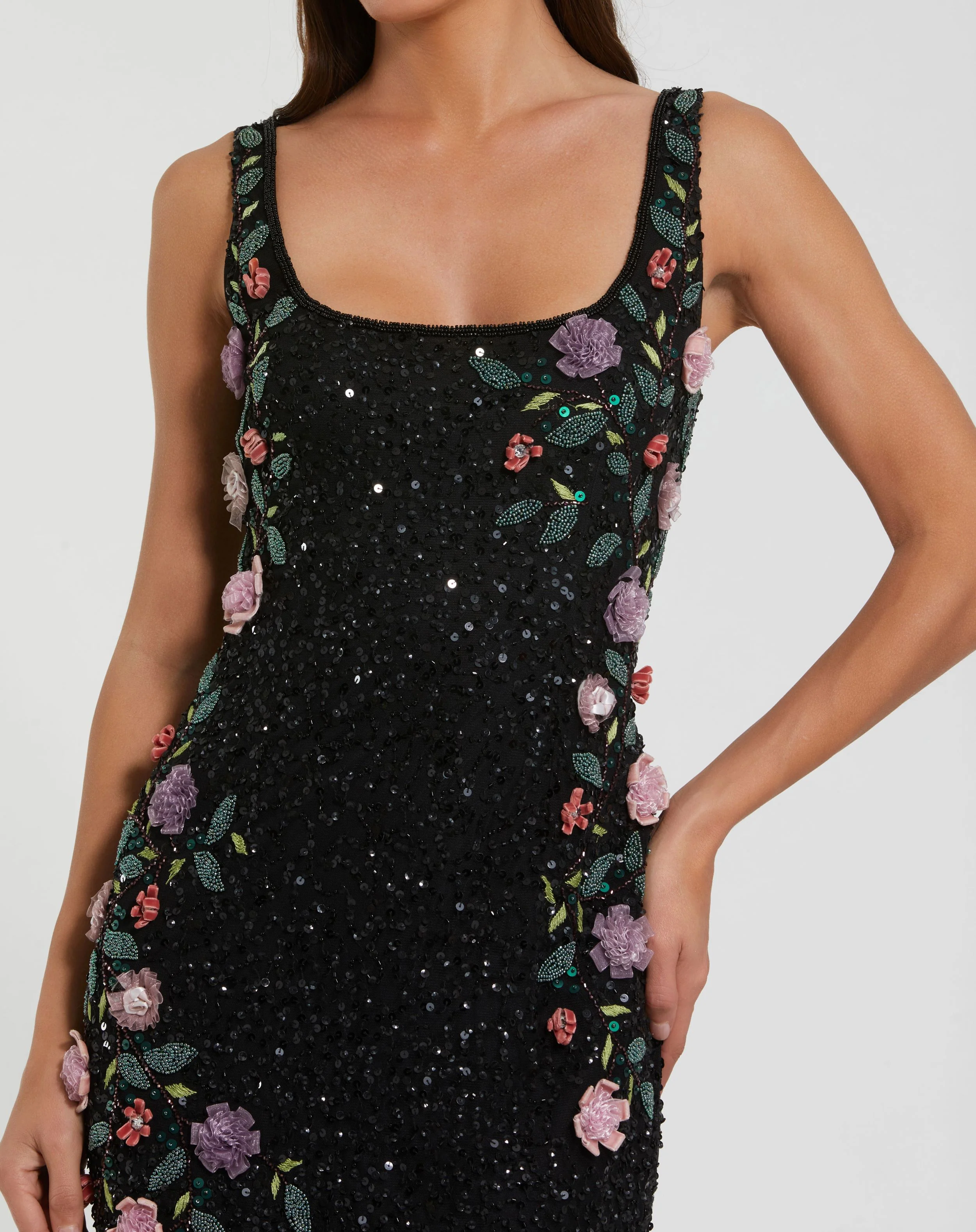 Black Floral Beaded Mesh Gown