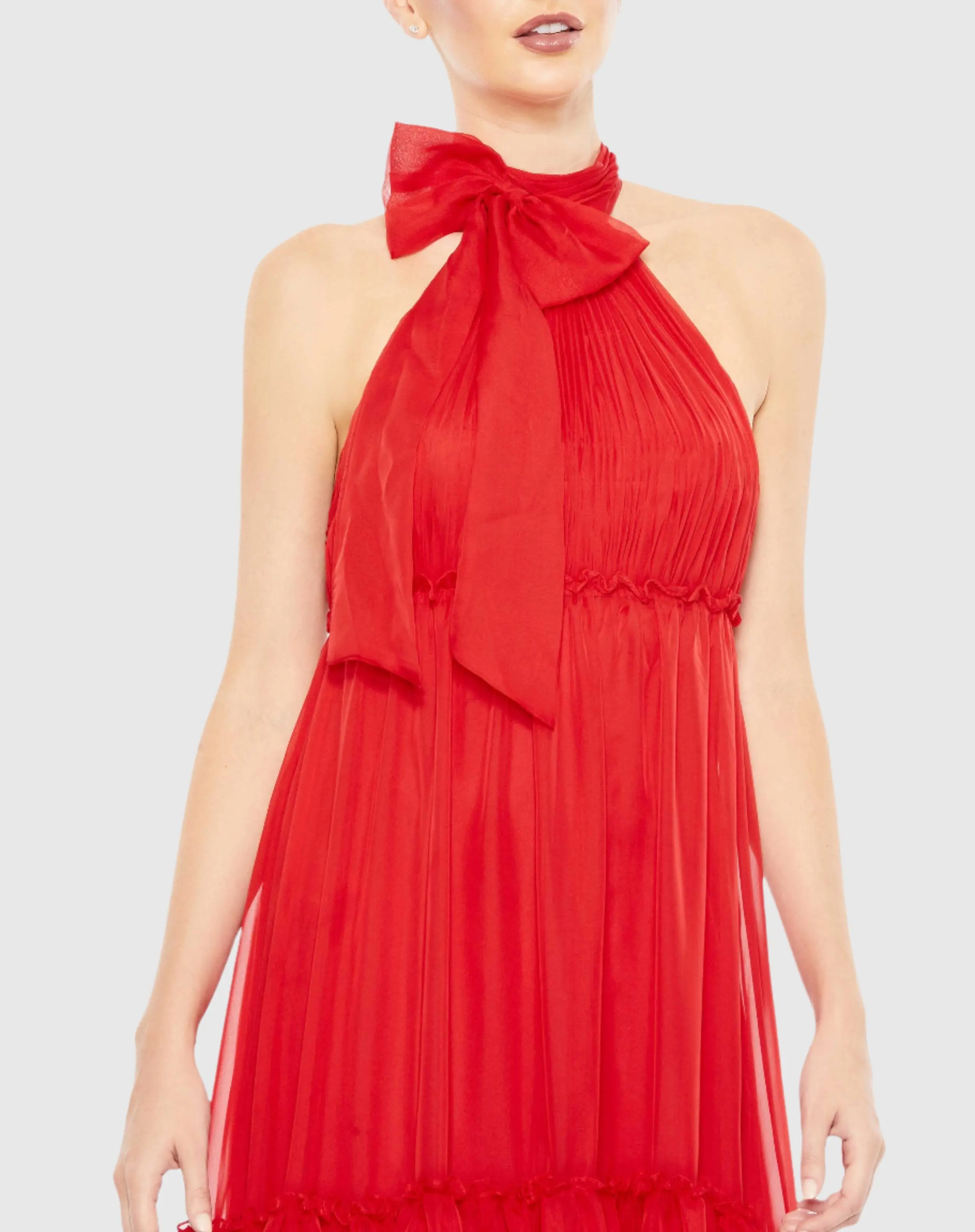 Red Ruched Tiered High Neck Bow A Line Gown