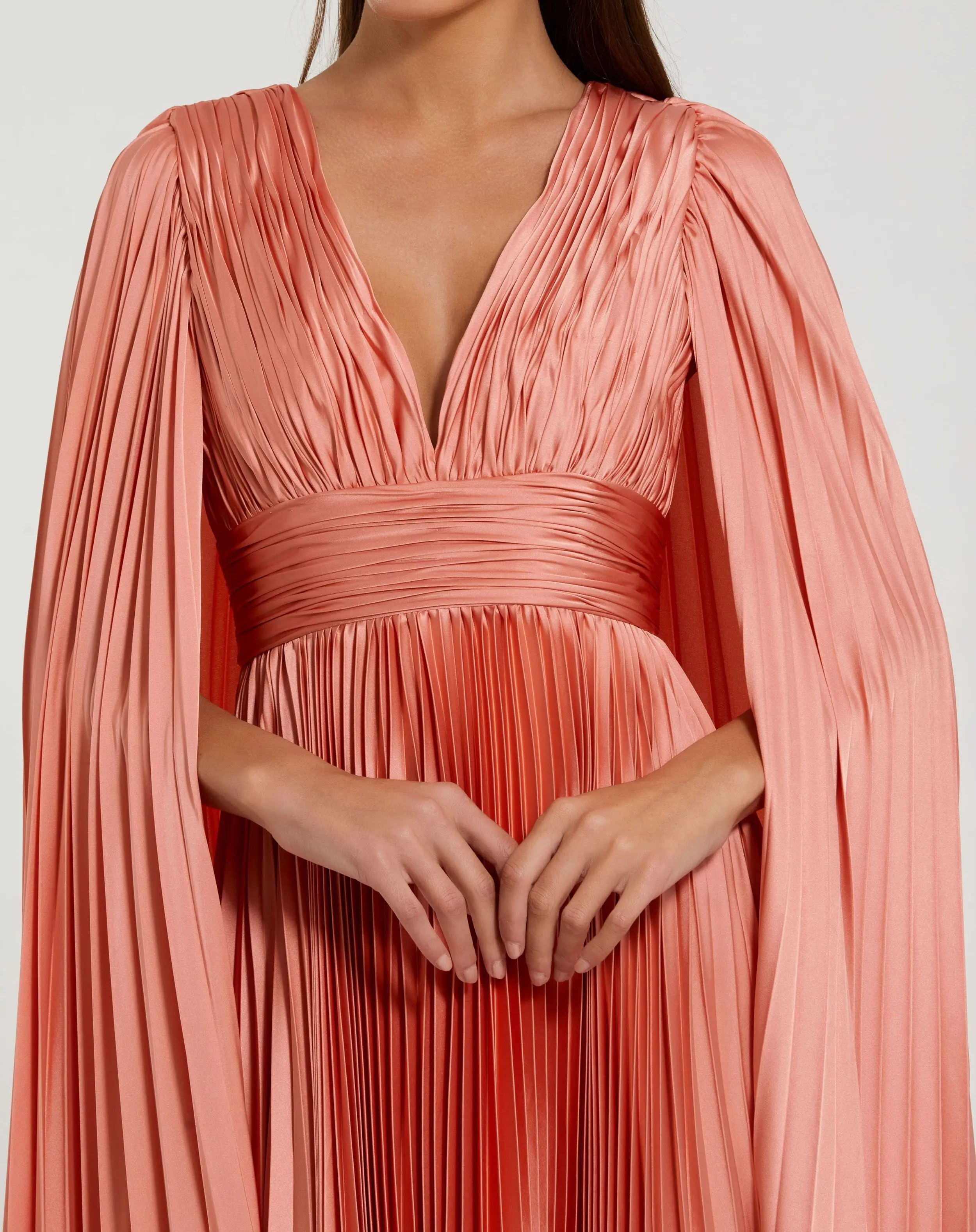 Pleated Silk V Neck Gown With Cape