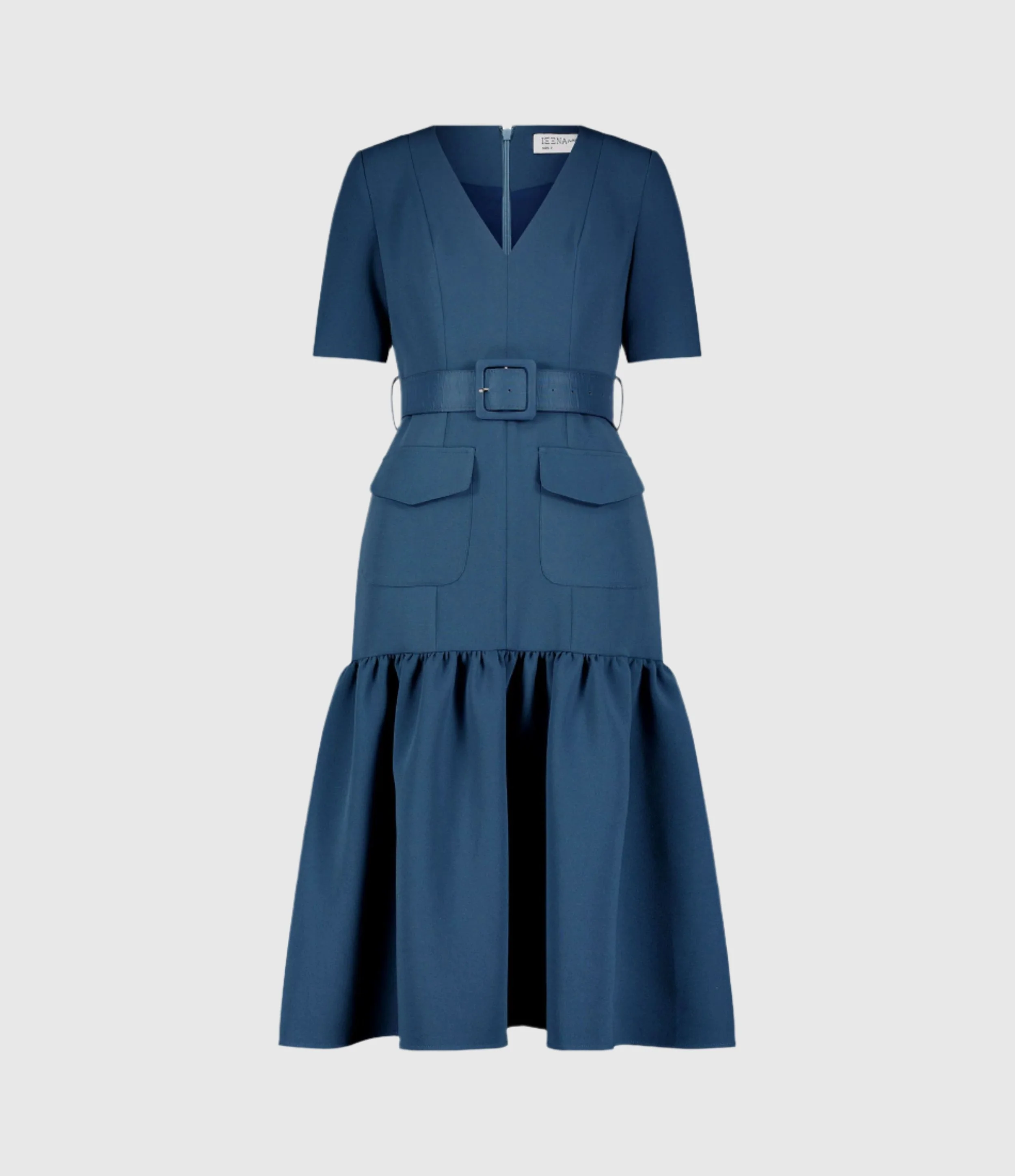 Blue Crepe Midi Dress With Belt And Pockets