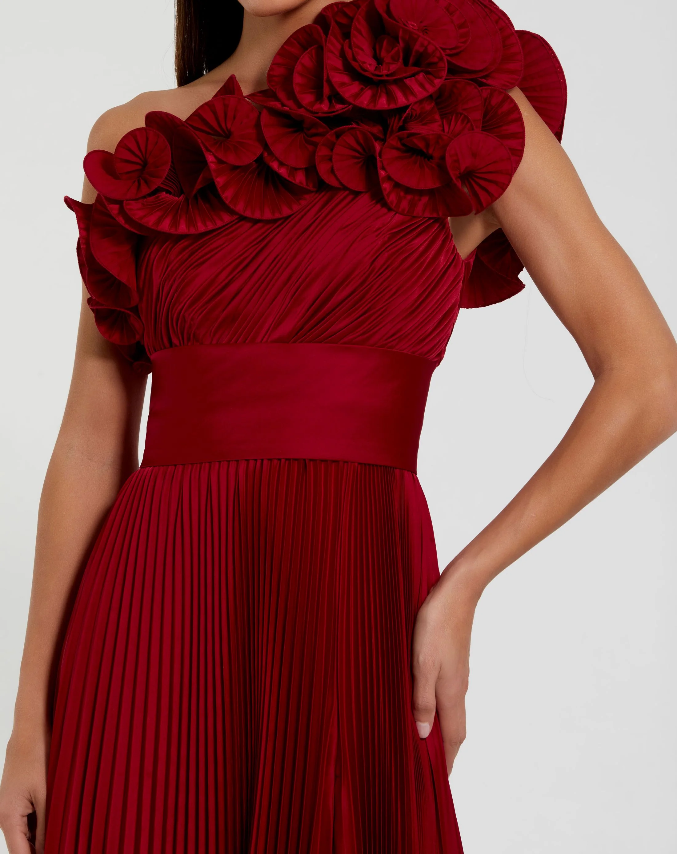 Red Pleated Ruffle One Shoulder Gown