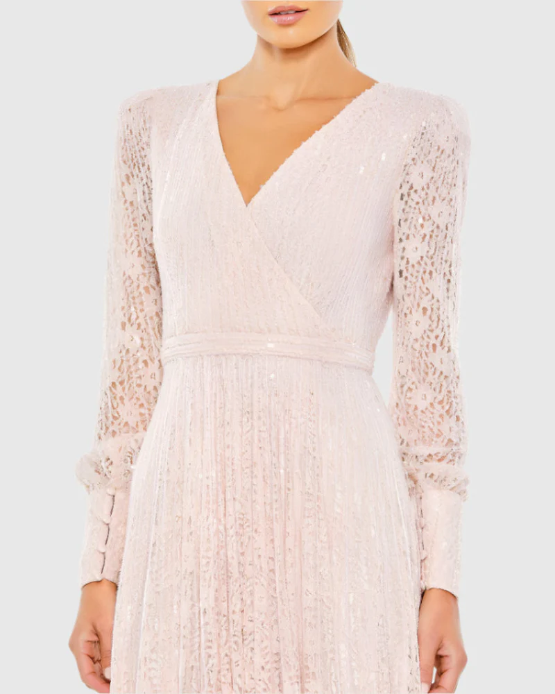 Pink Beaded Lace Long Sleeve Wrap Over Gown