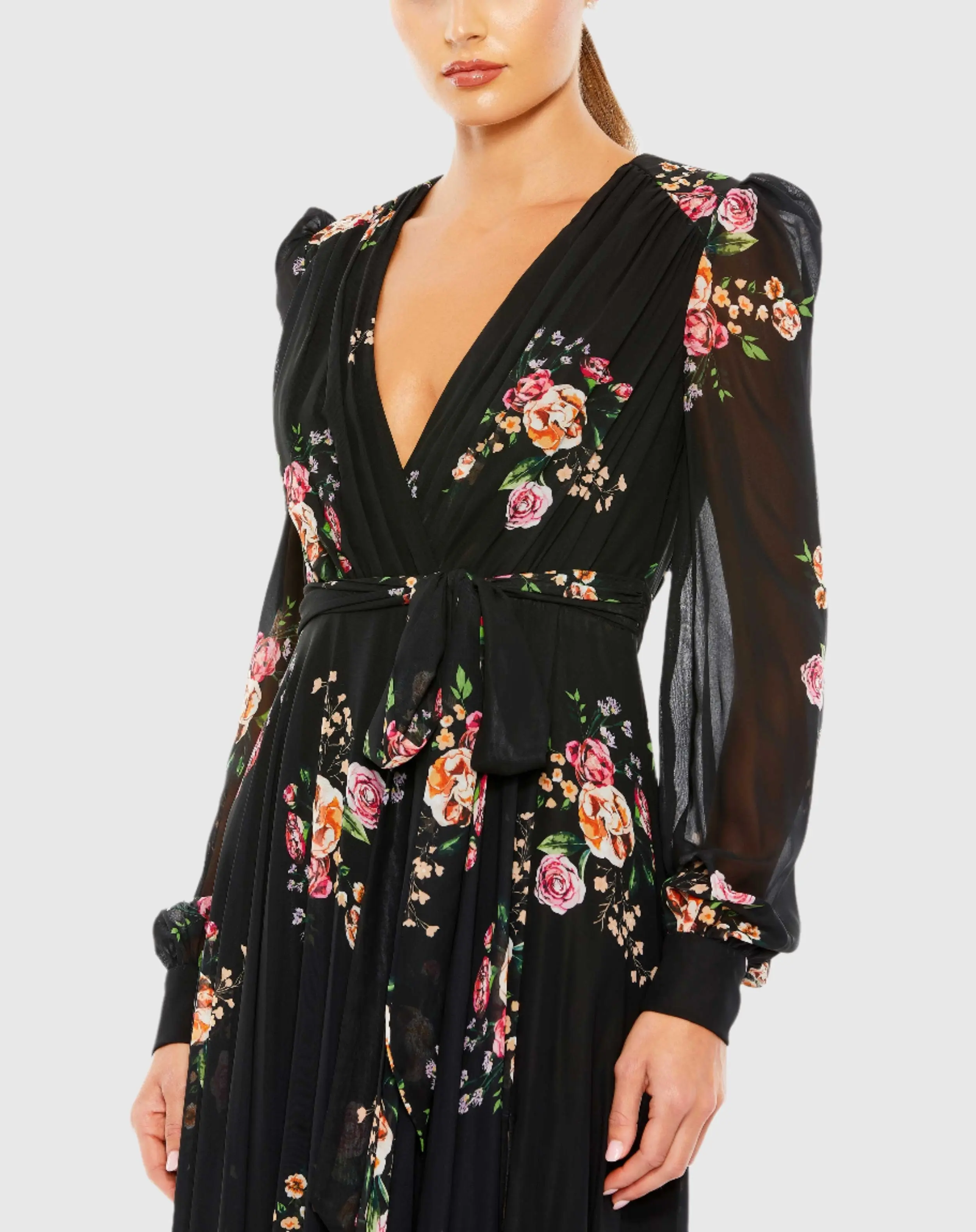 Floral Print Belted Long Sleeve Gown