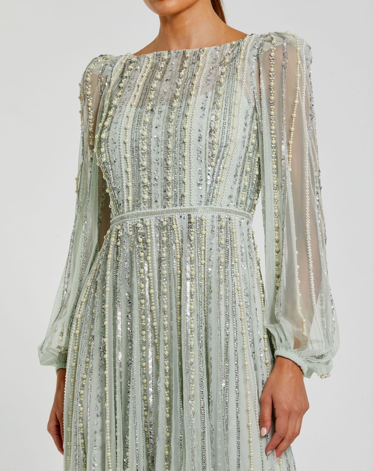 Striped Beaded Long Sleeve Gown