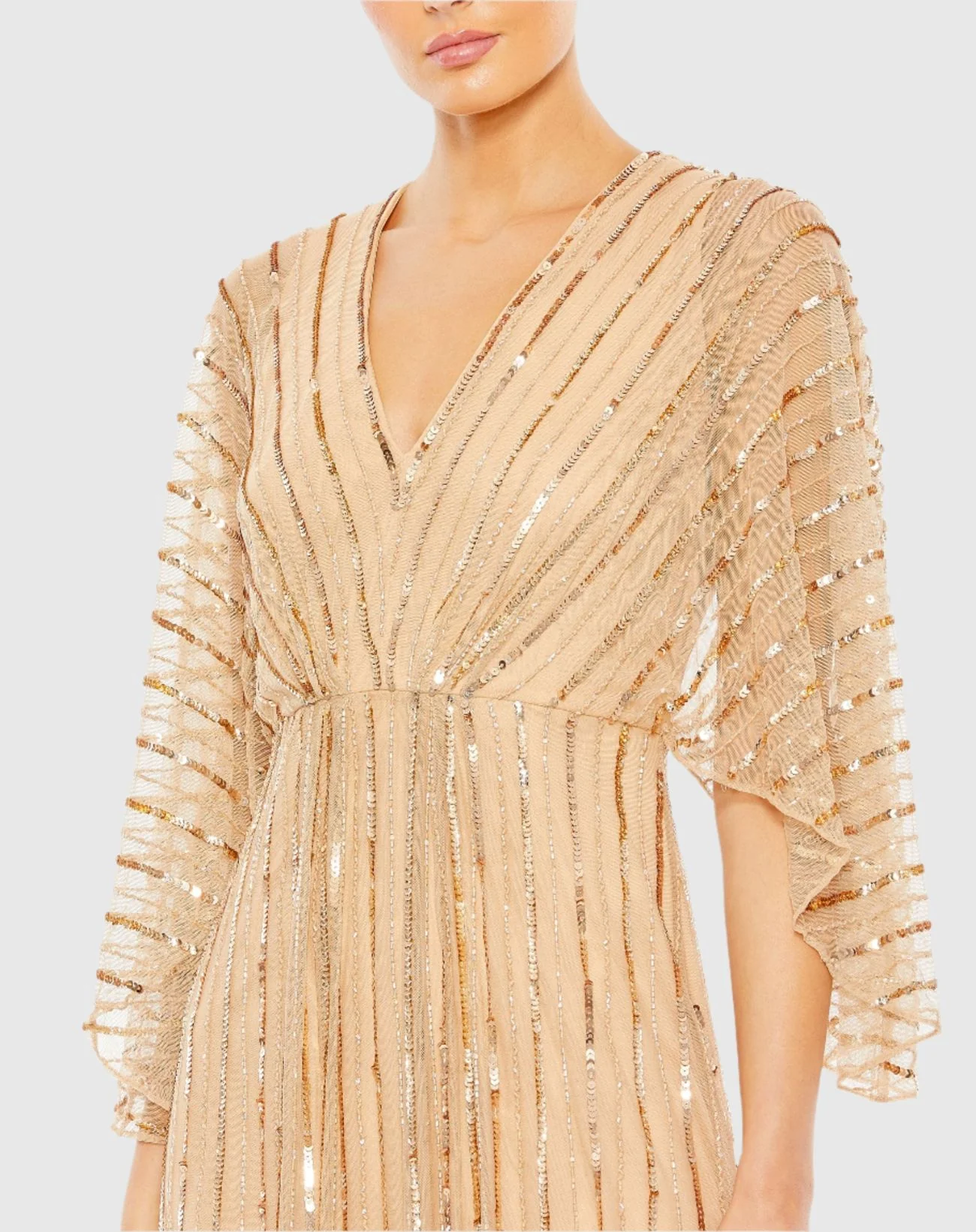 Beaded Striping Kimono Sleeve V Neck Gown
