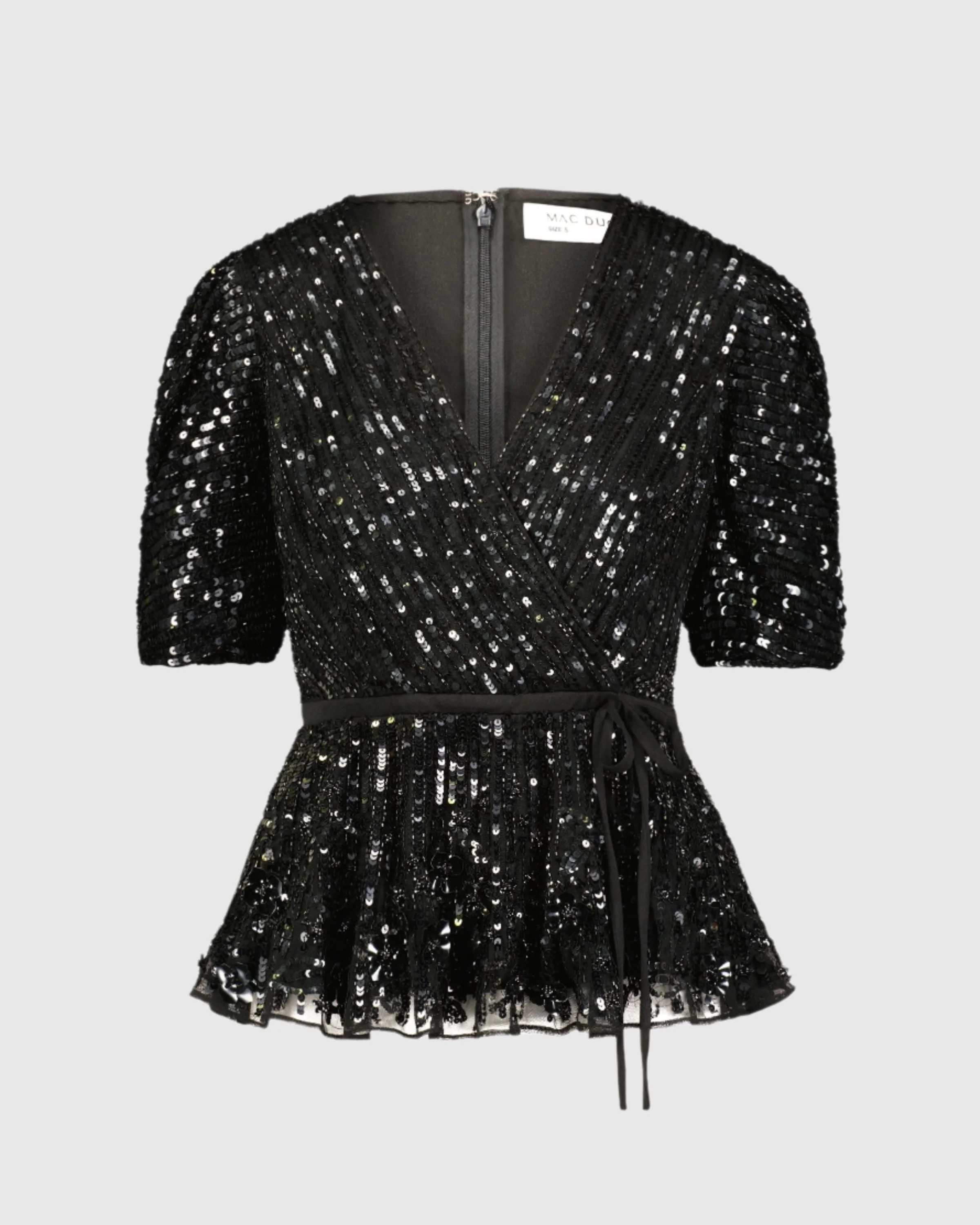 Black Sequined Puff Sleeve Faux Wrap Top