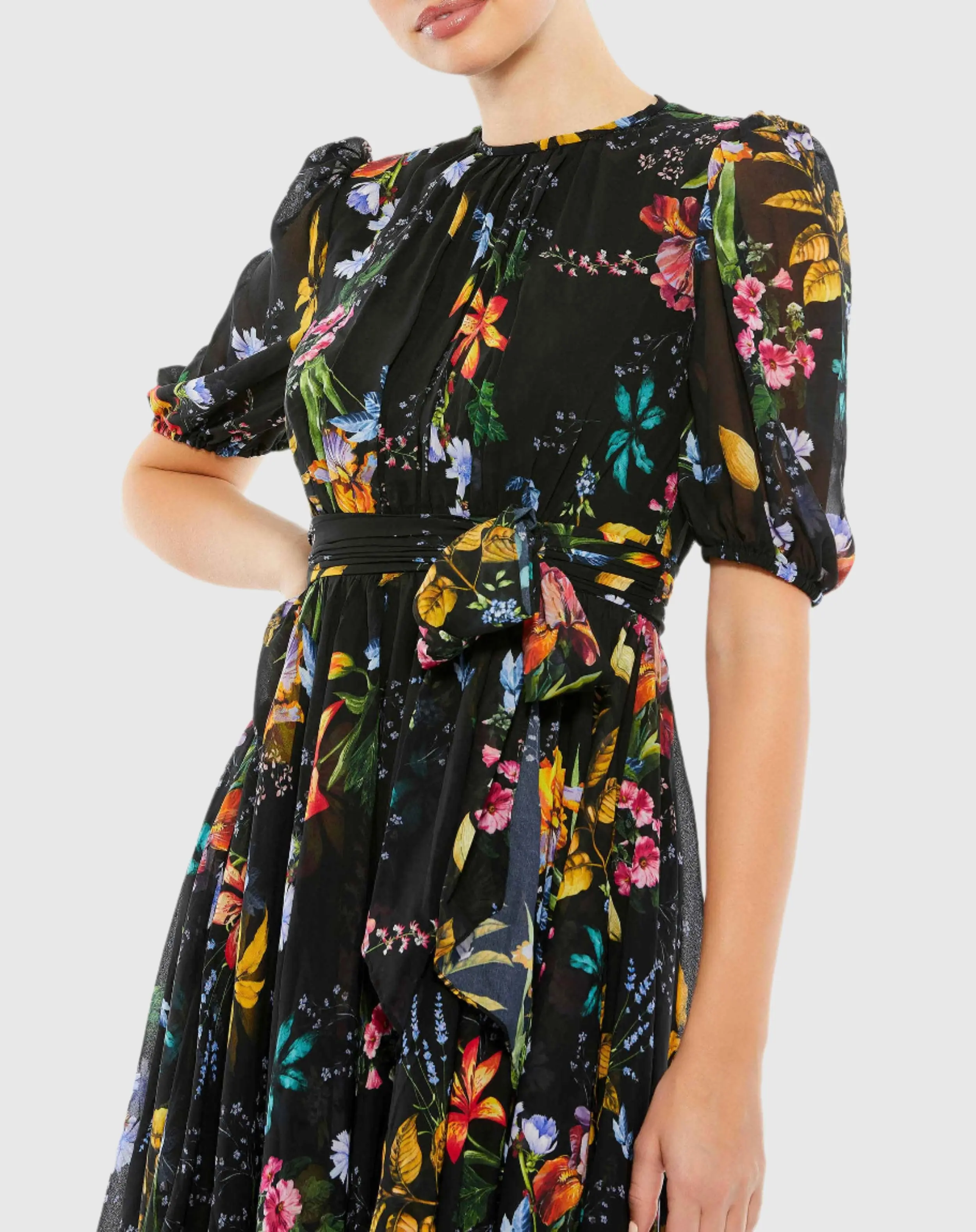 Floral Print High Neck Belted Midi Dress