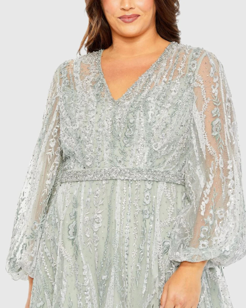 V Neck Puff Sleeve Embroidered A Line Gown