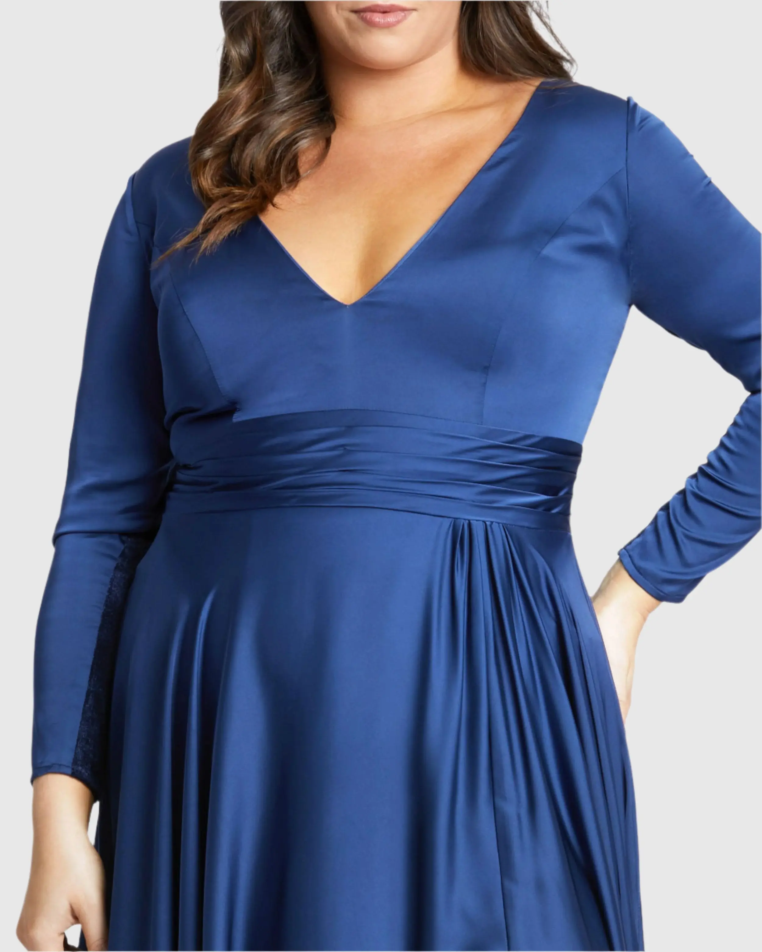 Navy Satin Long Sleeve Evening Gown