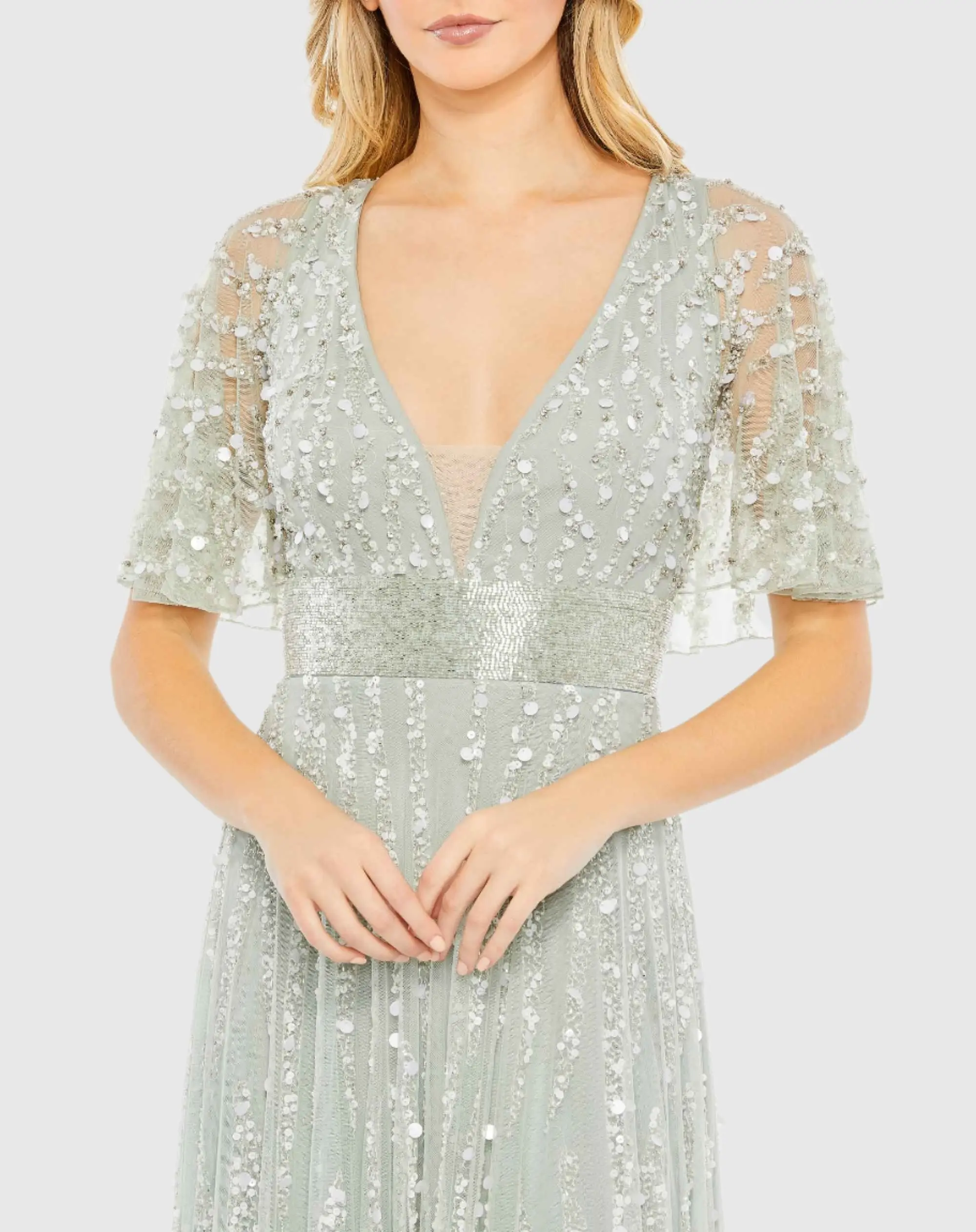 Green Embellished V-neck Empire Waist Gown