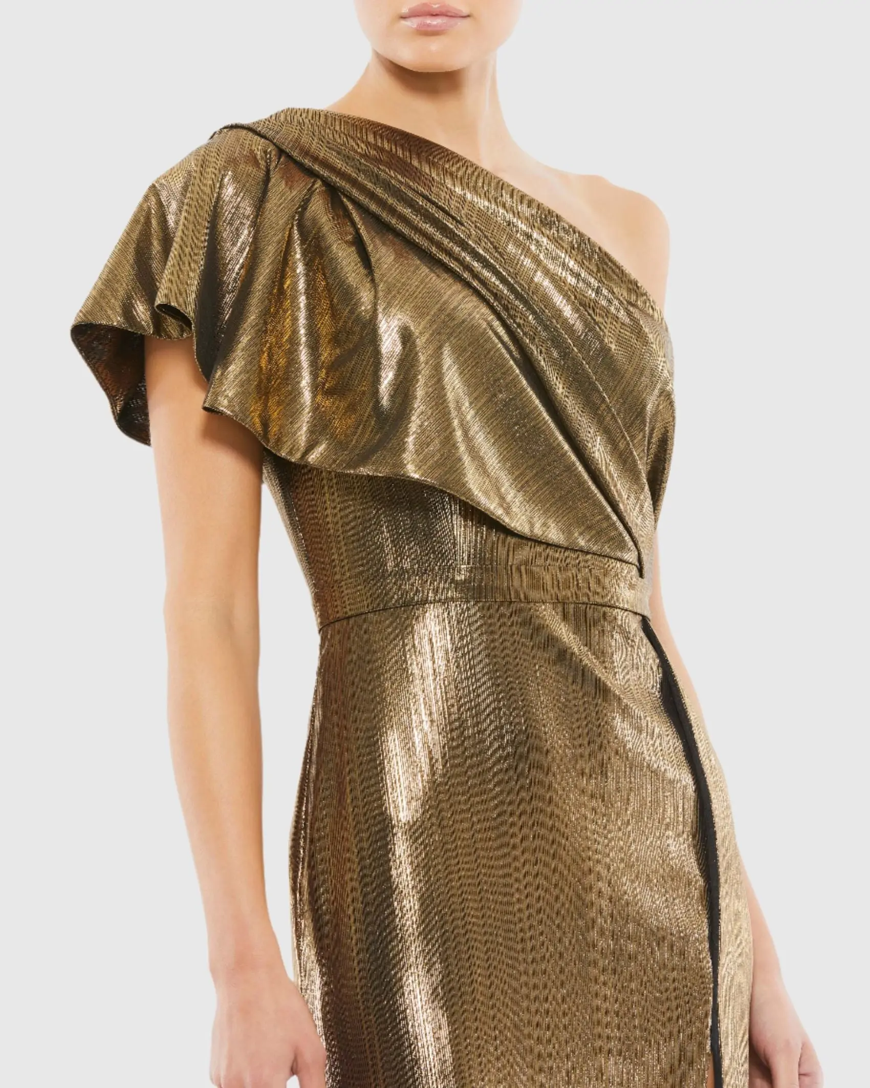 Ruffled One Shoulder Metallic Evening Gown