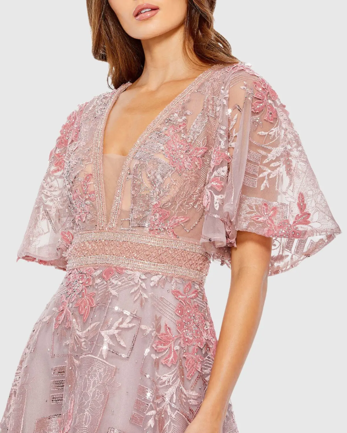 Floral Embroidered Flounce Sleeve Gown