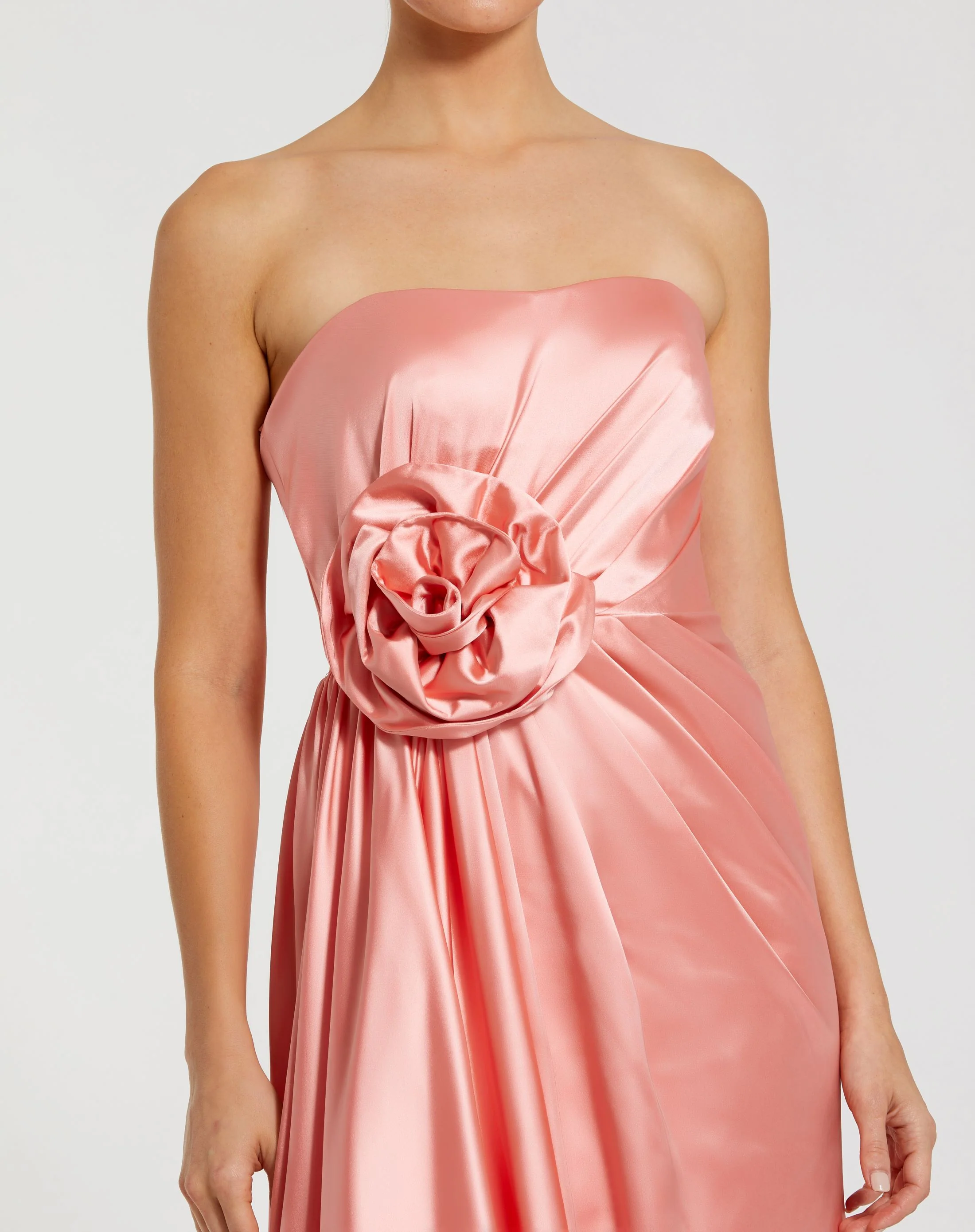 Pink Strapless Satin Gown With 3D Flower
